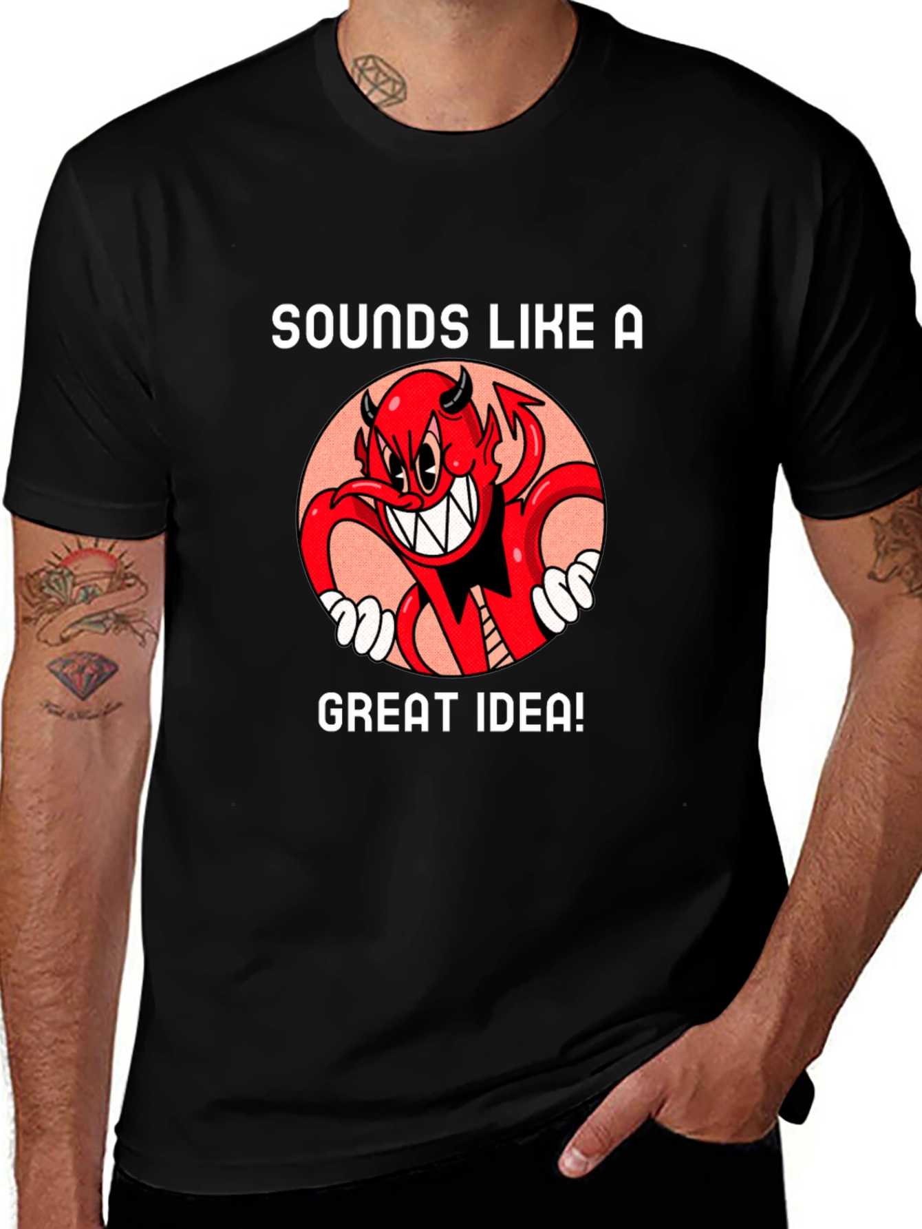 Variant 12 of Sounds Like A Great Idea Devil Cartoon Graphic Black T-Shirt