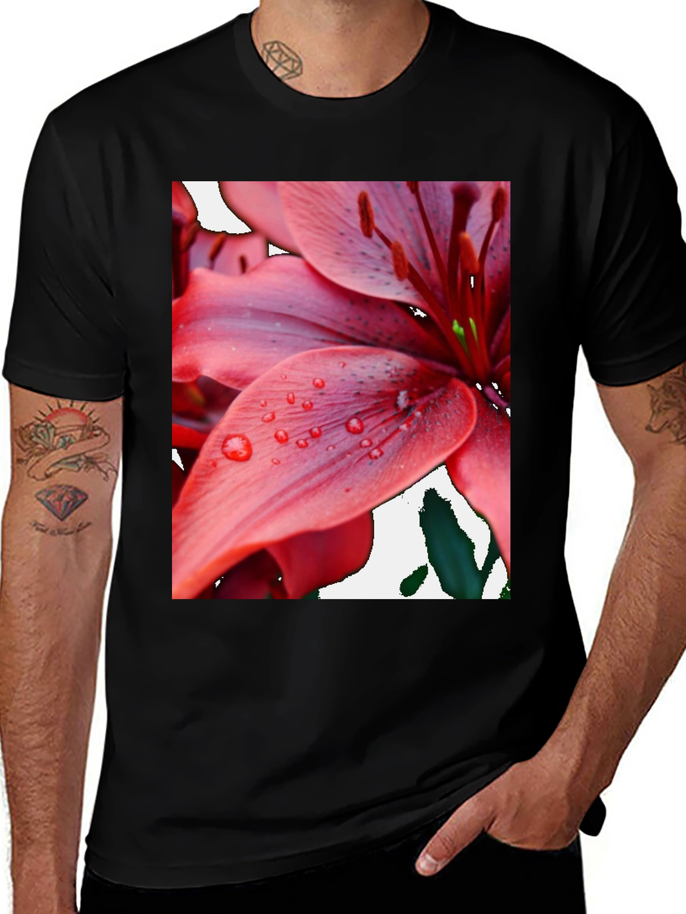 Variant 19 of Black Tee with Red Lily Flower Graphic