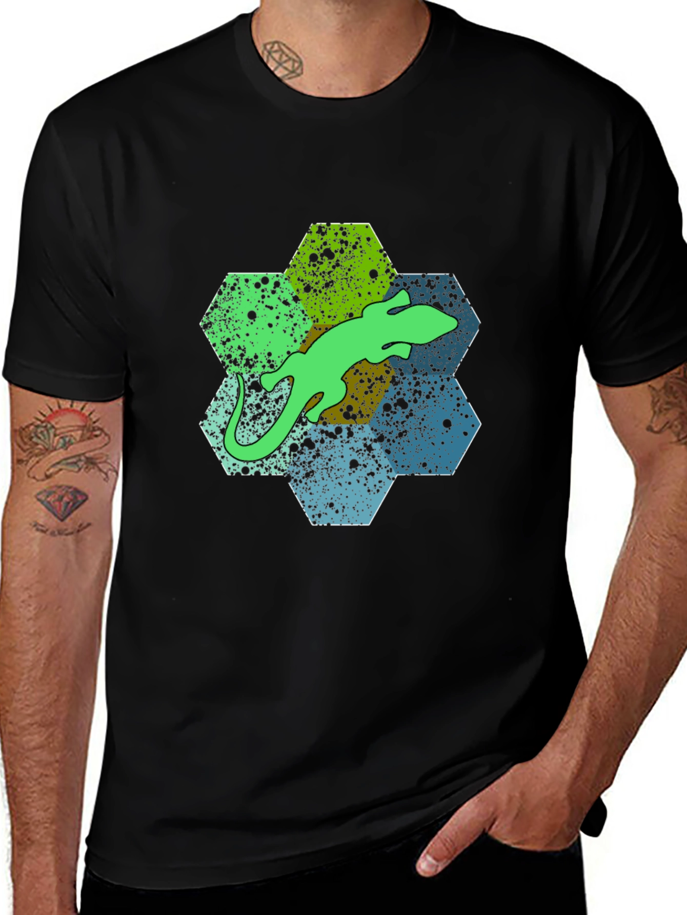Variant 14 of Hexagon Lizard Graphic Tee - Stylish Men's Black T-Shirt