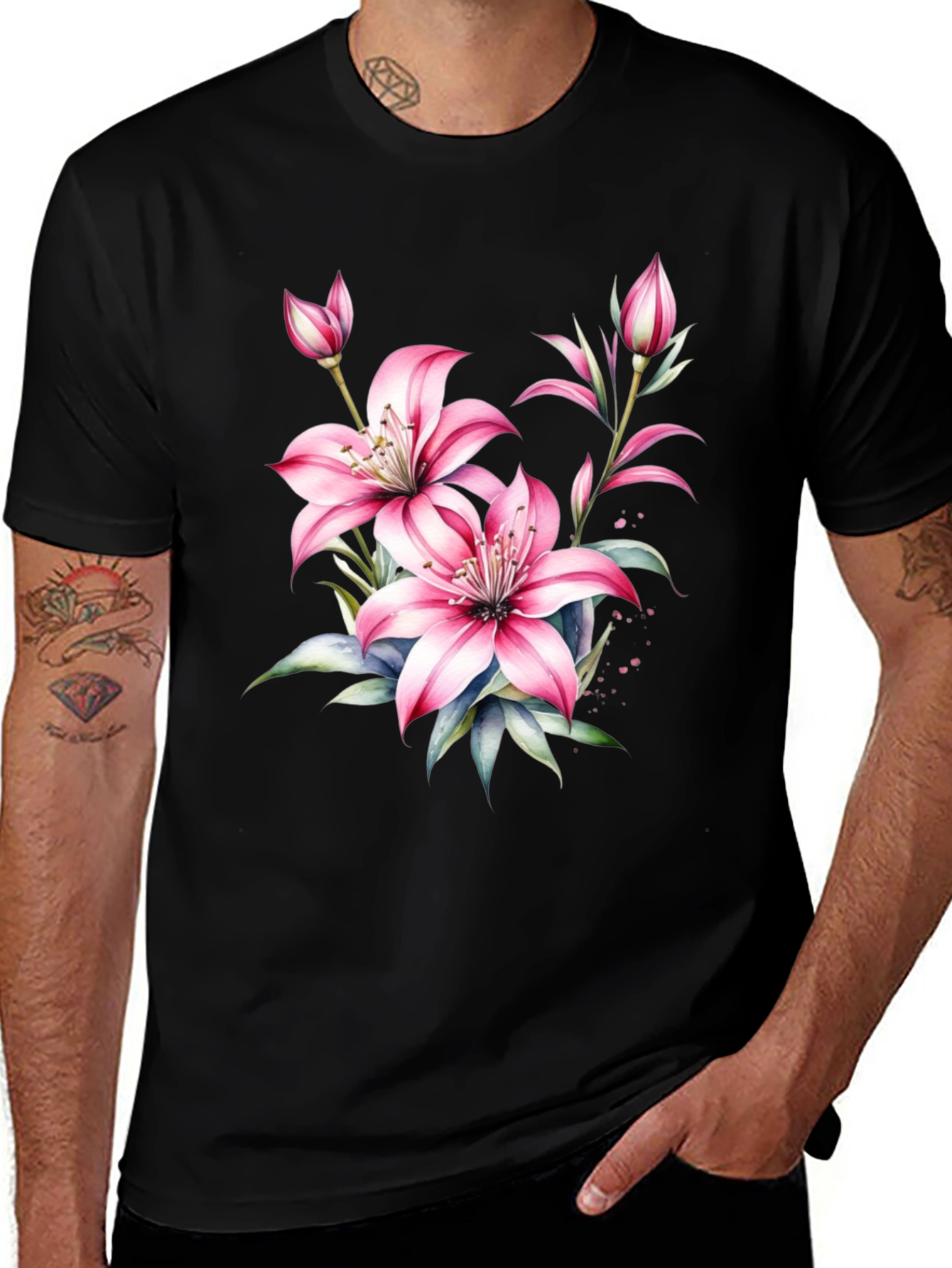 Variant 30 of Floral Lily Print Black T-Shirt