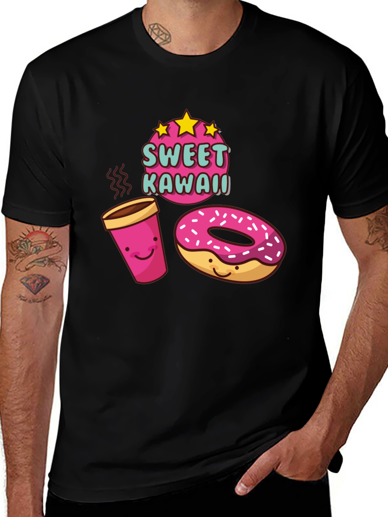Variant 21 of Sweet Kawaii Donut & Coffee Black T-Shirt