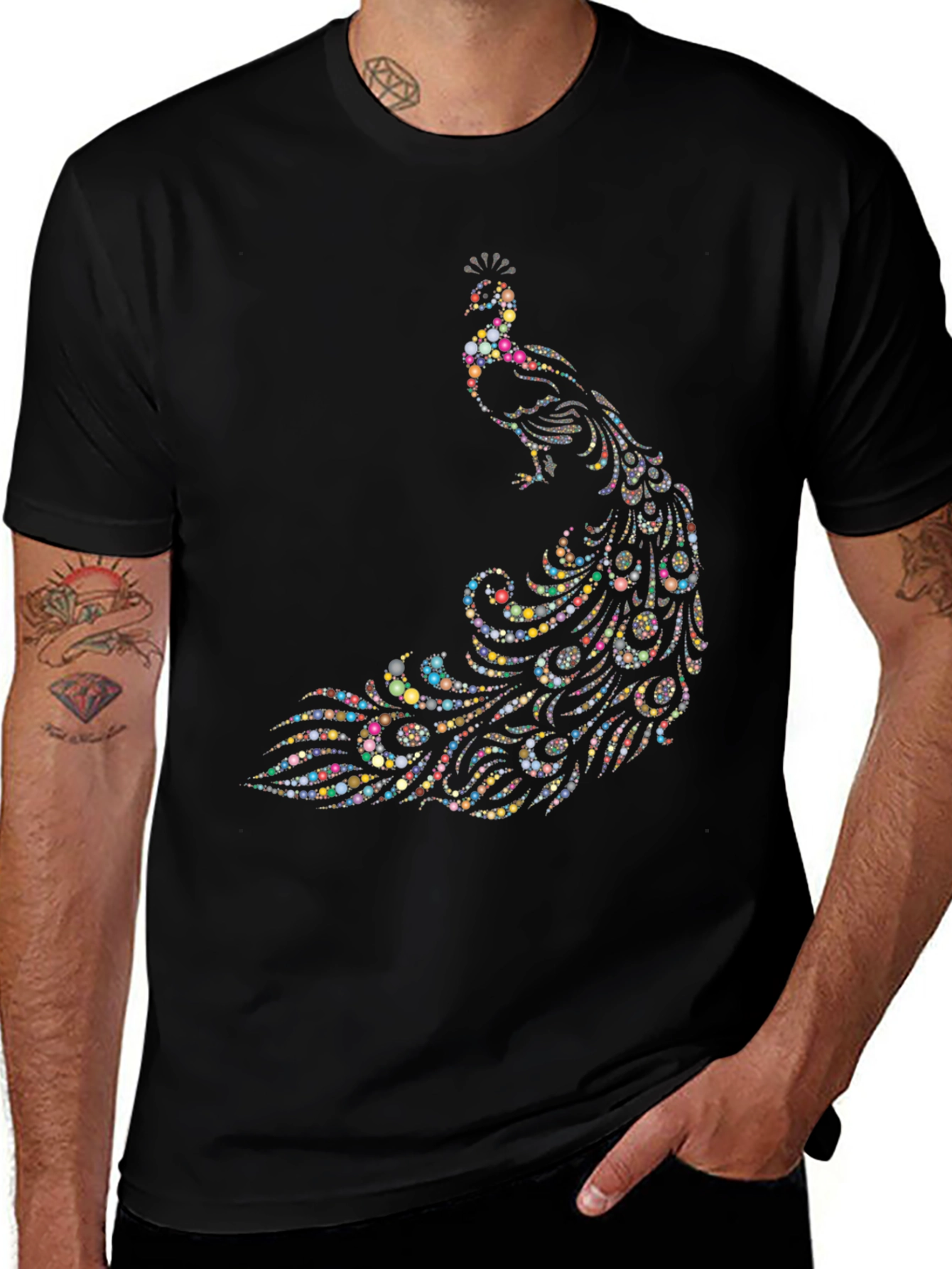 Variant 15 of Peacock Dot Art Graphic Black T-Shirt