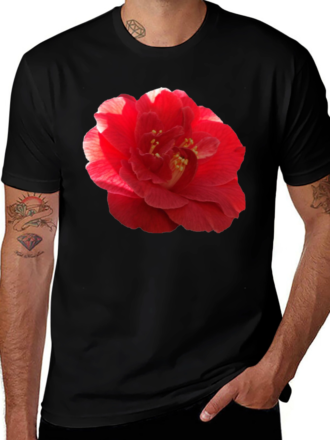 Variant 8 of Red Camellia Flower Print Black T-Shirt