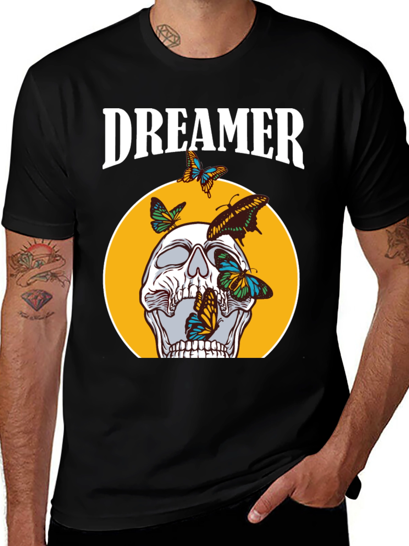 Variant 3 of Dreamer Skull Butterfly Graphic Tee - Black Cotton T-Shirt