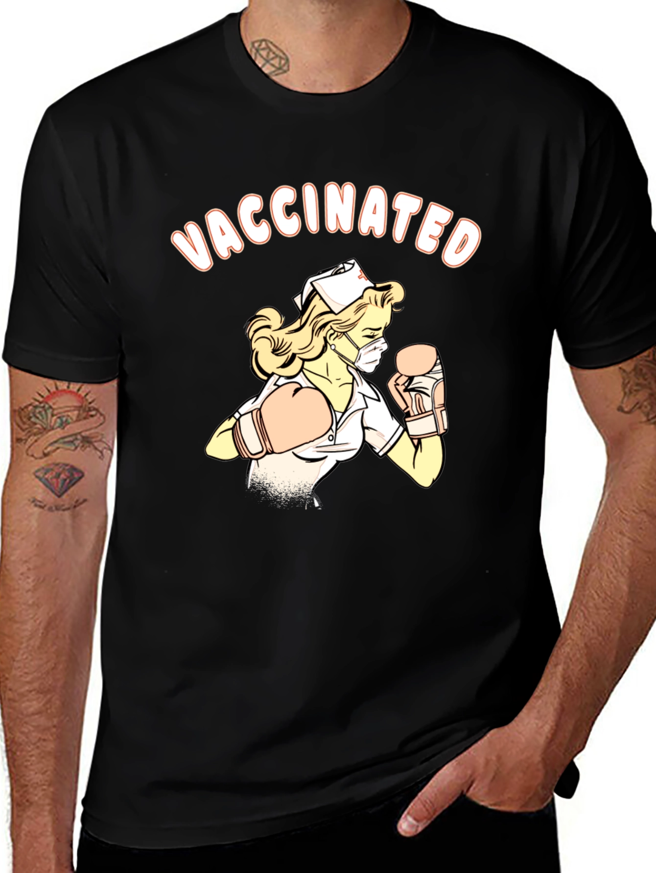 Variant 20 of Vaccinated Nurse Graphic Tee - Black Cotton Shirt