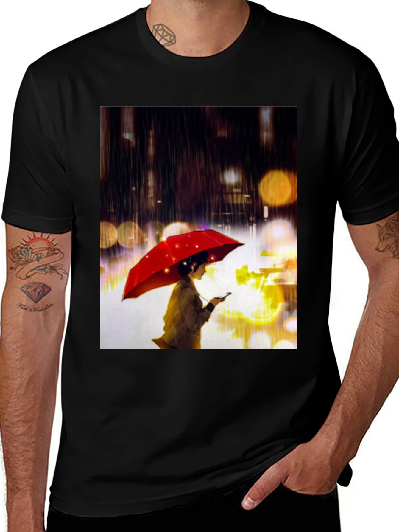 Rainy Night T-Shirt: Woman with Red Umbrella