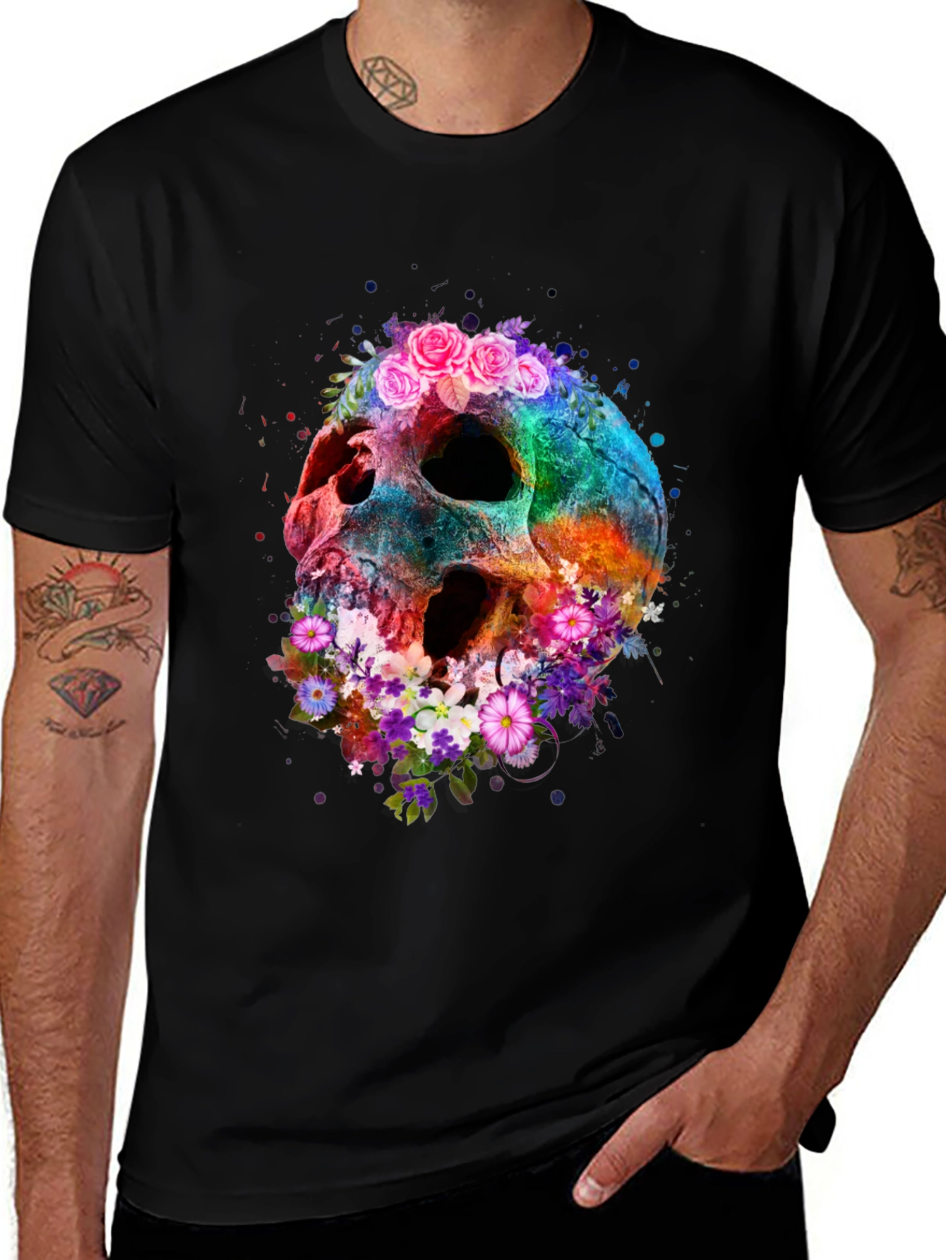 Variant 17 of Floral Skull Graphic Tee - Black Cotton Blend