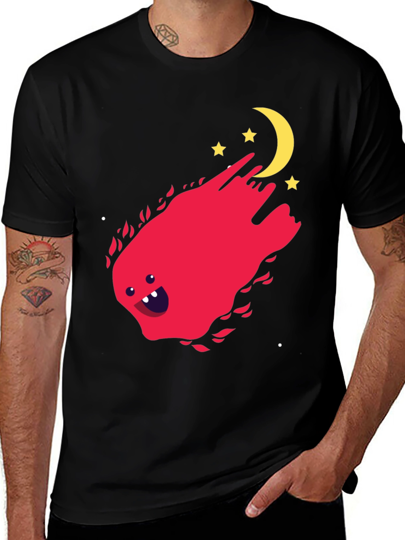 Variant 13 of Funky Red Ghost Moon Stars Graphic Print Black T-Shirt
