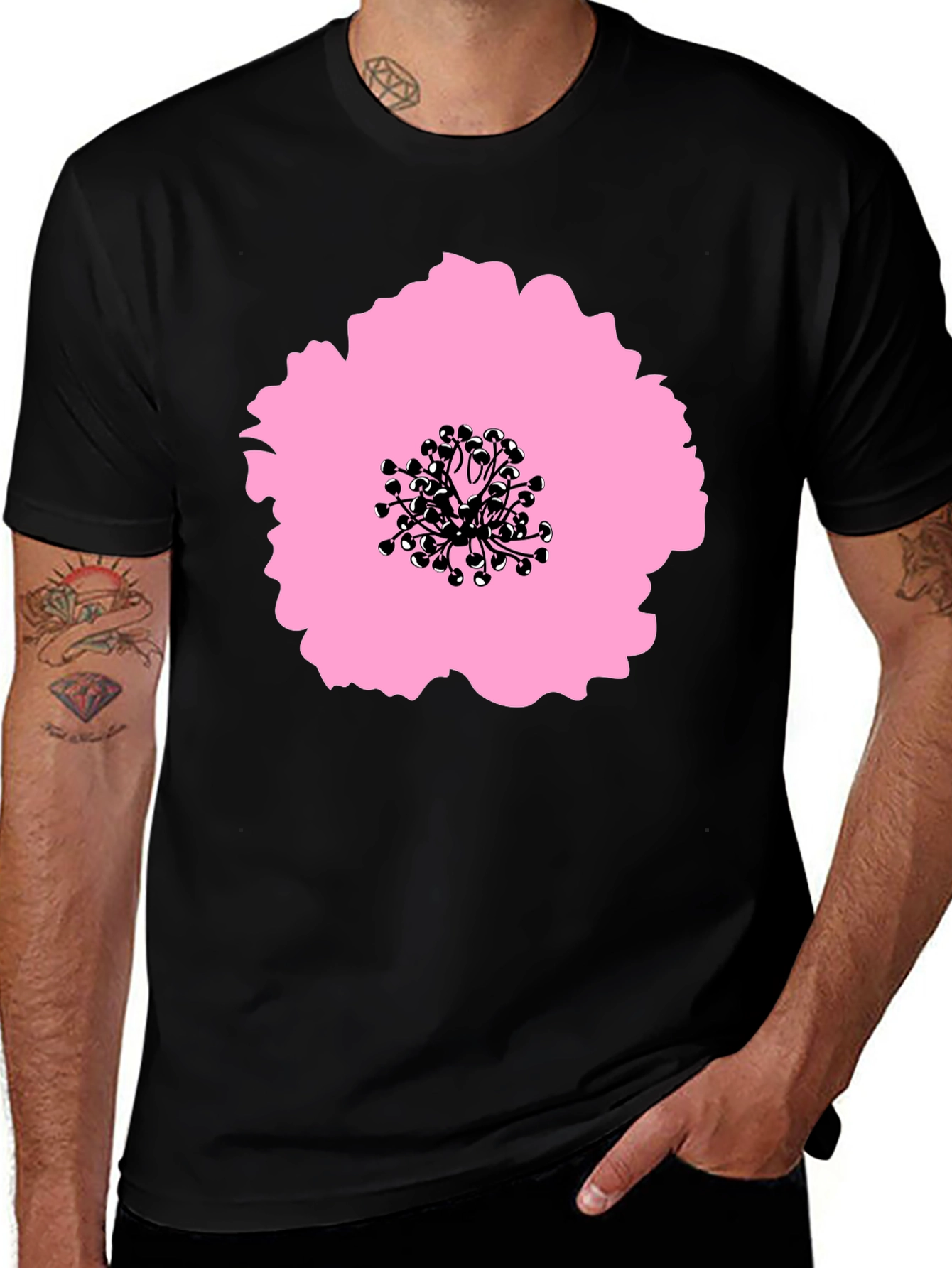 Pink Flower Graphic Black T-Shirt - Stylish Casual Wear
