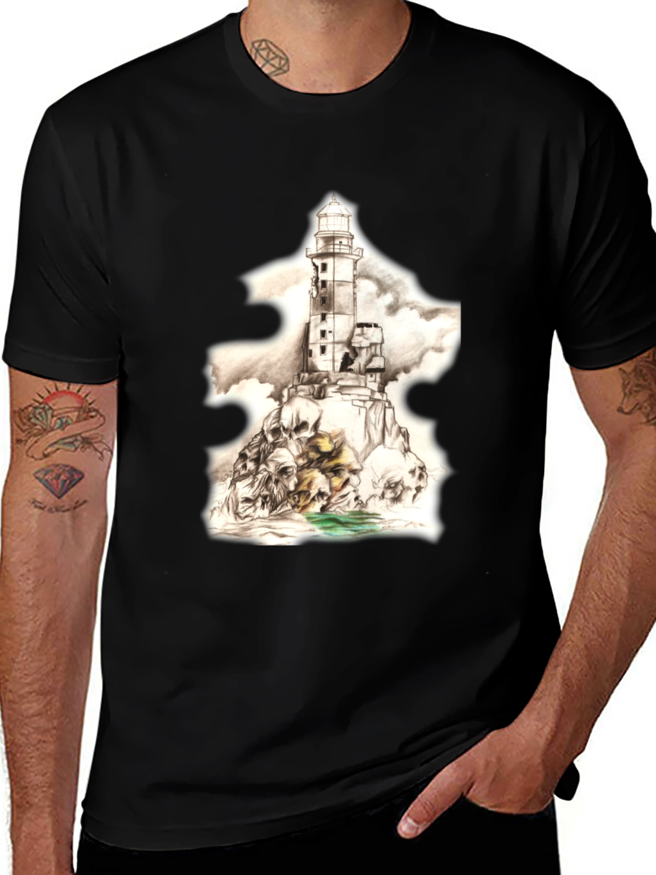 Variant 2 of Skull Lighthouse Graphic Tee - Men's Black T-Shirt