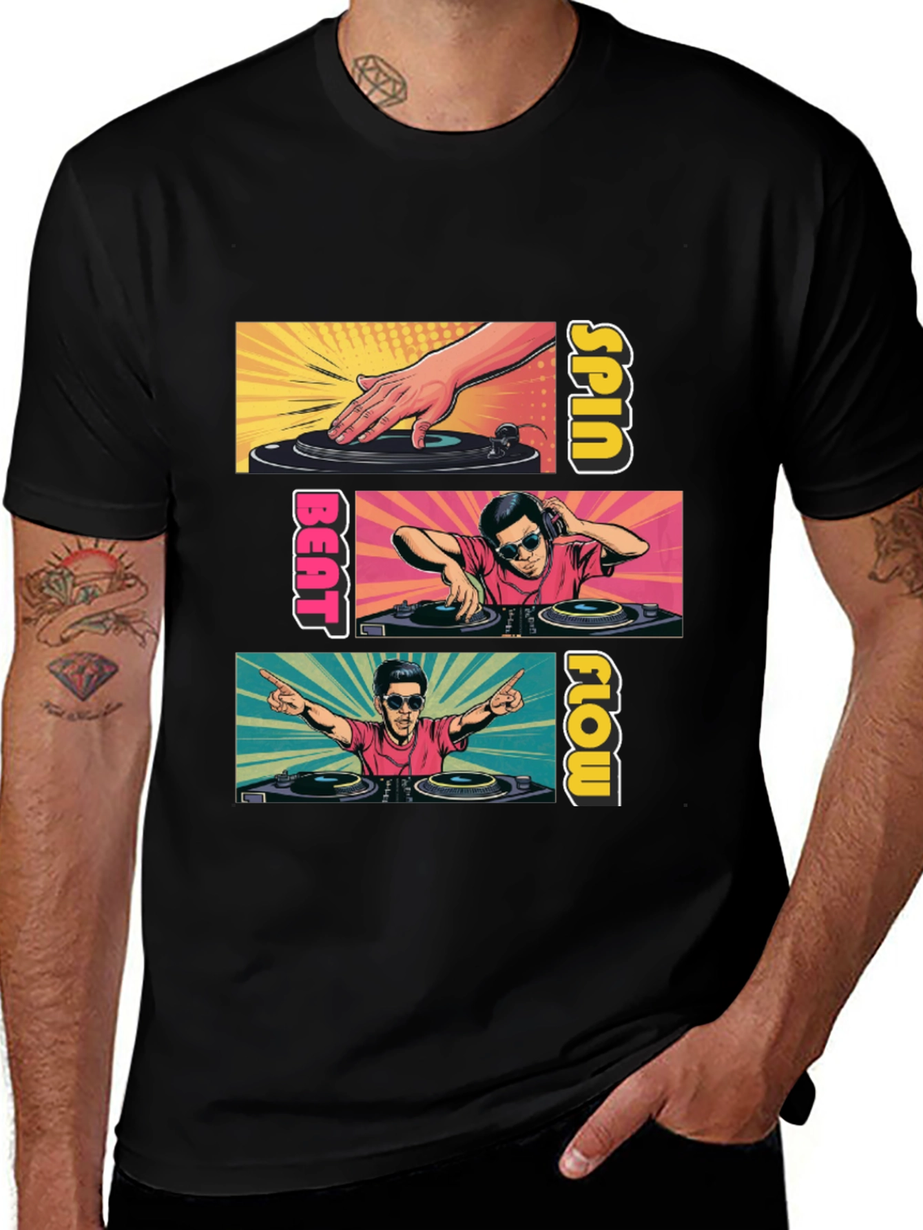 DJ Spin Beat Flow T-Shirt - Black Cotton Graphic Tee