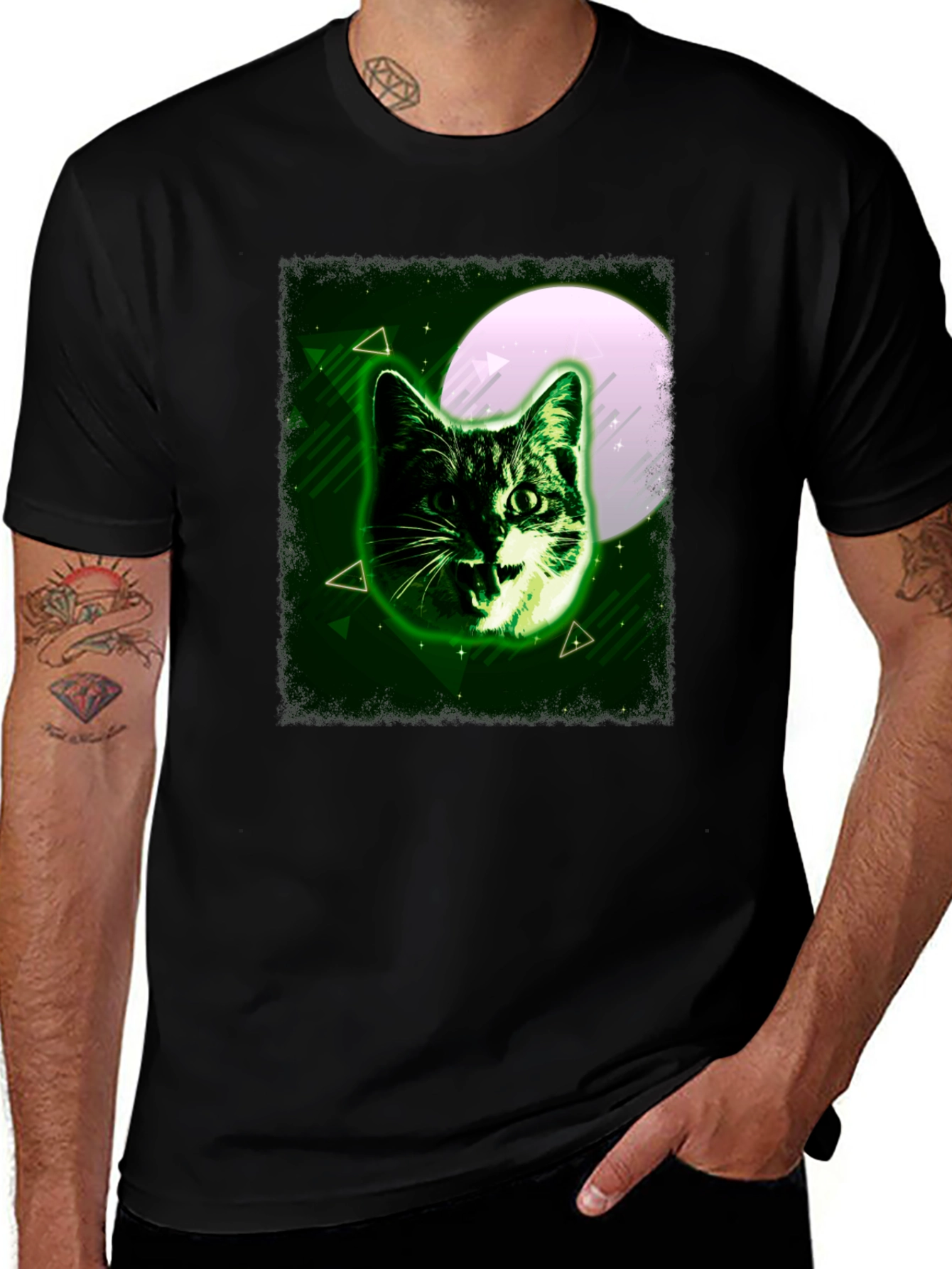Black Green Cat Graphic Tee - Moonlit Feline Design main image
