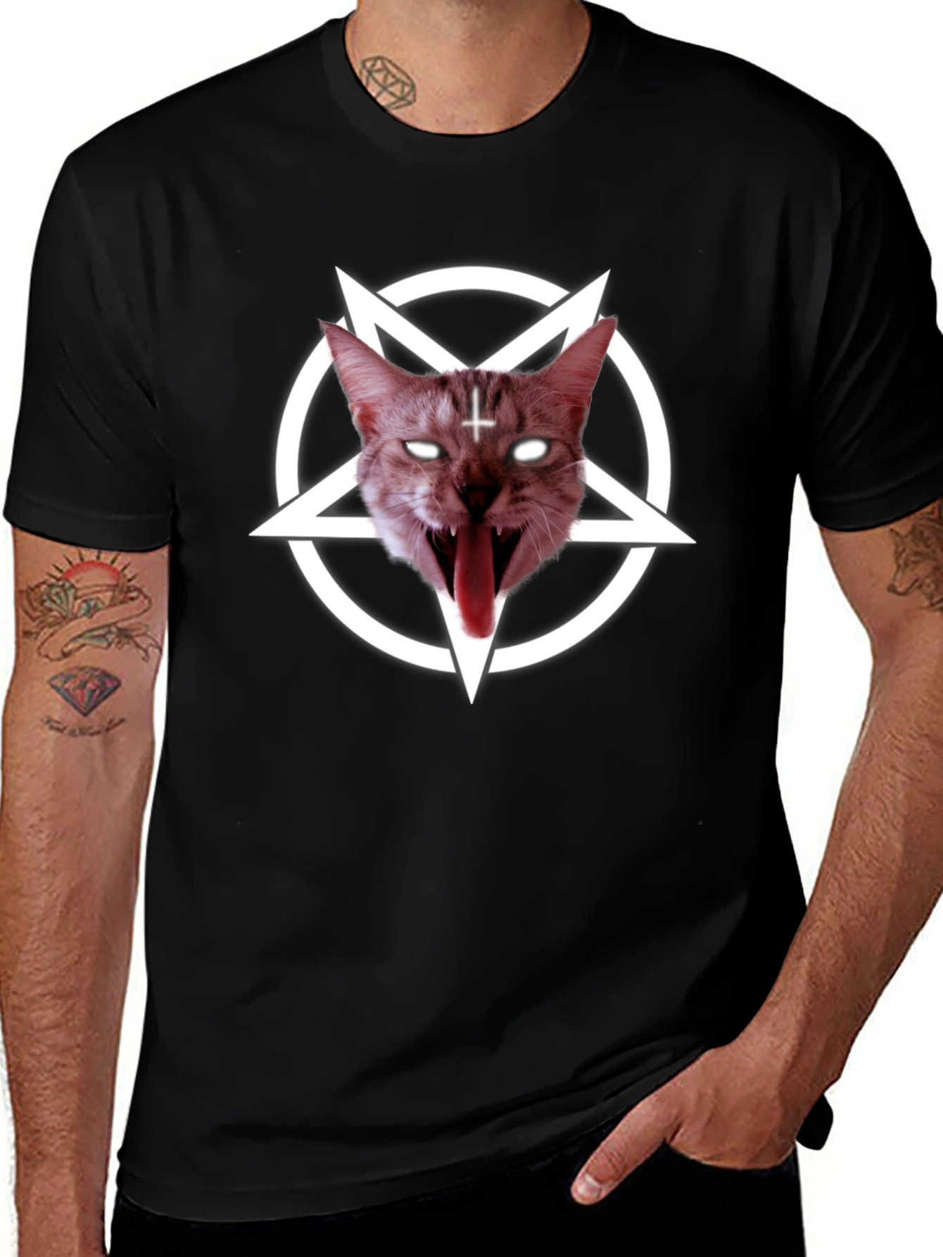 Variant 9 of Satanic Cat Graphic T-Shirt - Black