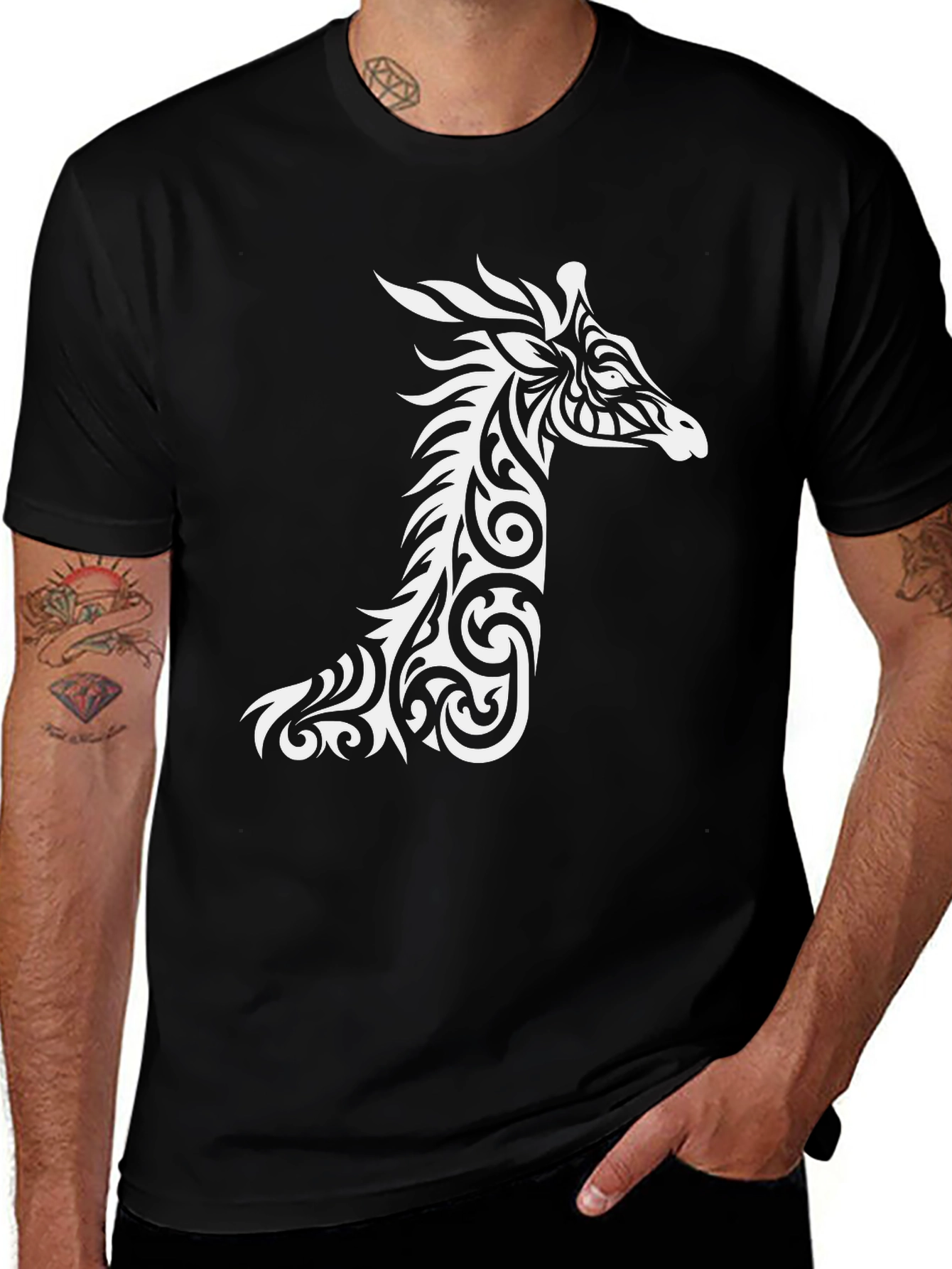 Variant 6 of Tribal Giraffe Graphic Tee - Black Cotton Shirt
