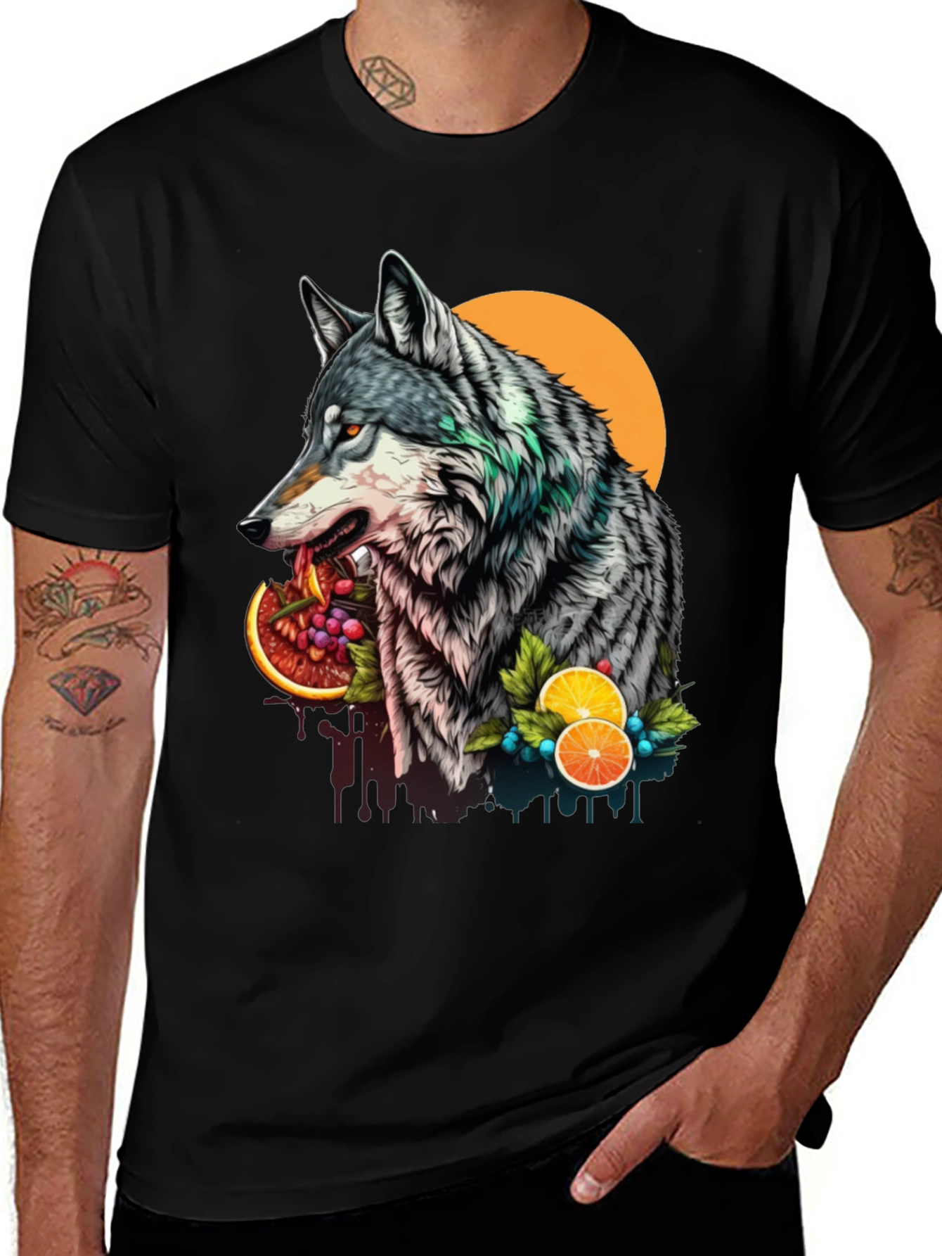 Variant 17 of Wolf and Fruit Graphic T-Shirt - Unique Animal Design