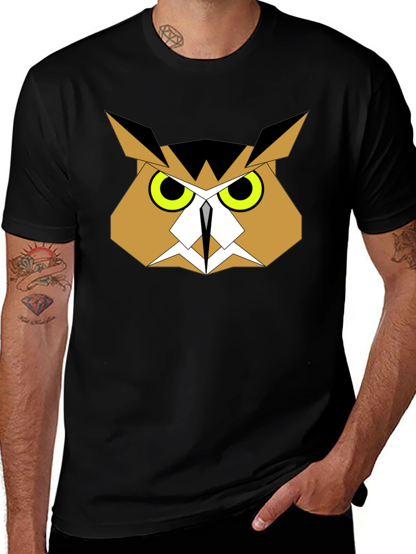Variant 8 of Geometric Owl Graphic Tee - Black Cotton