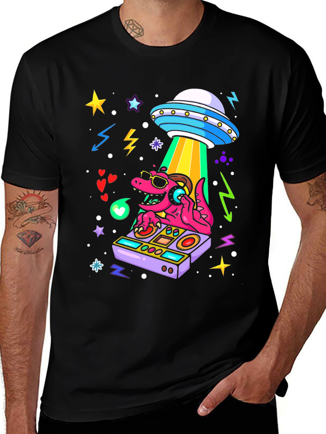 Black DJ Dino Alien Abduction T-Shirt main image