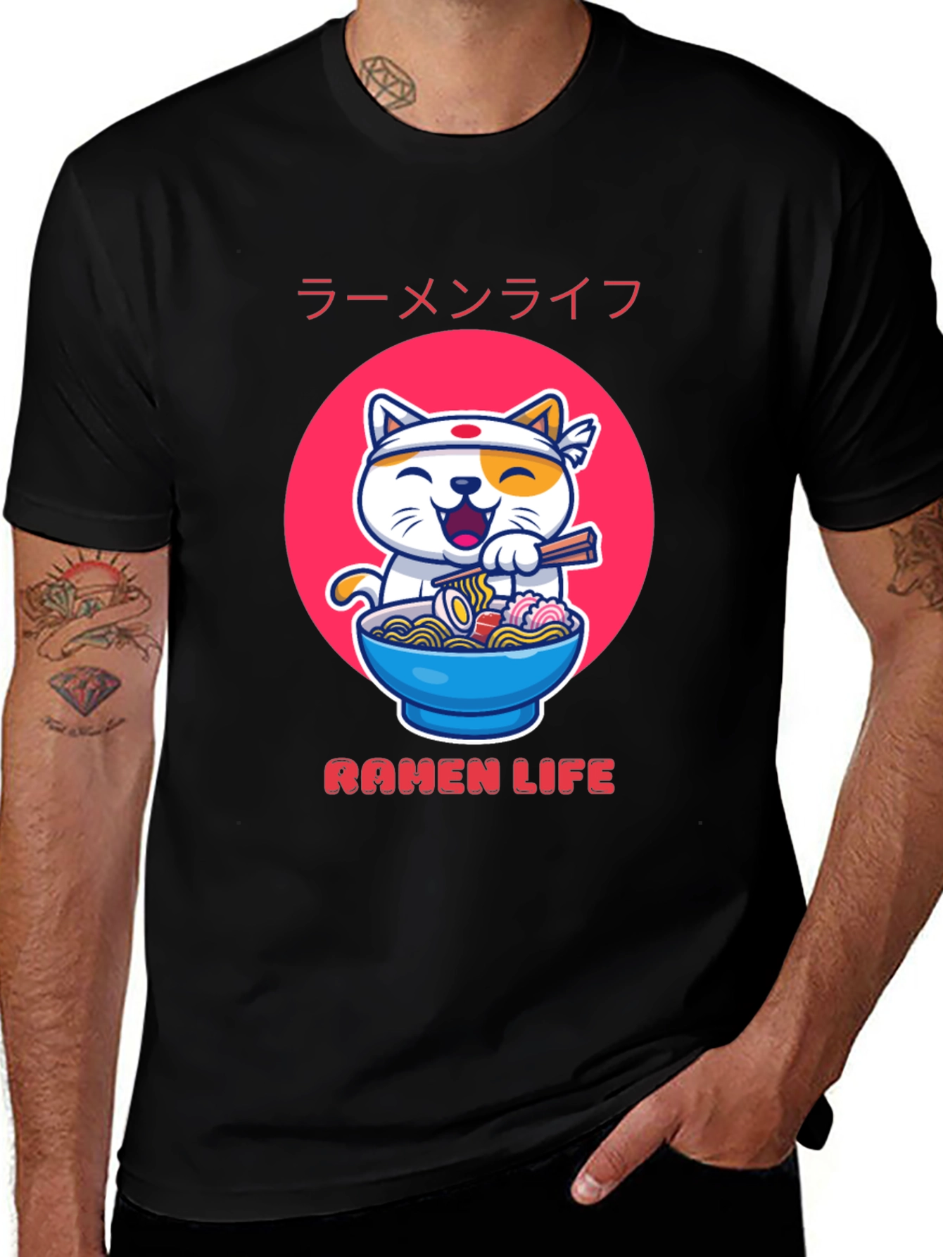 Black Ramen Life Graphic Tee - Cute Cat & Noodles main image