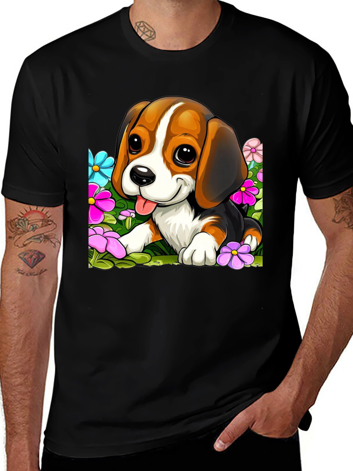 Variant 9 of Cute Beagle Puppy in Flowers Black T-Shirt