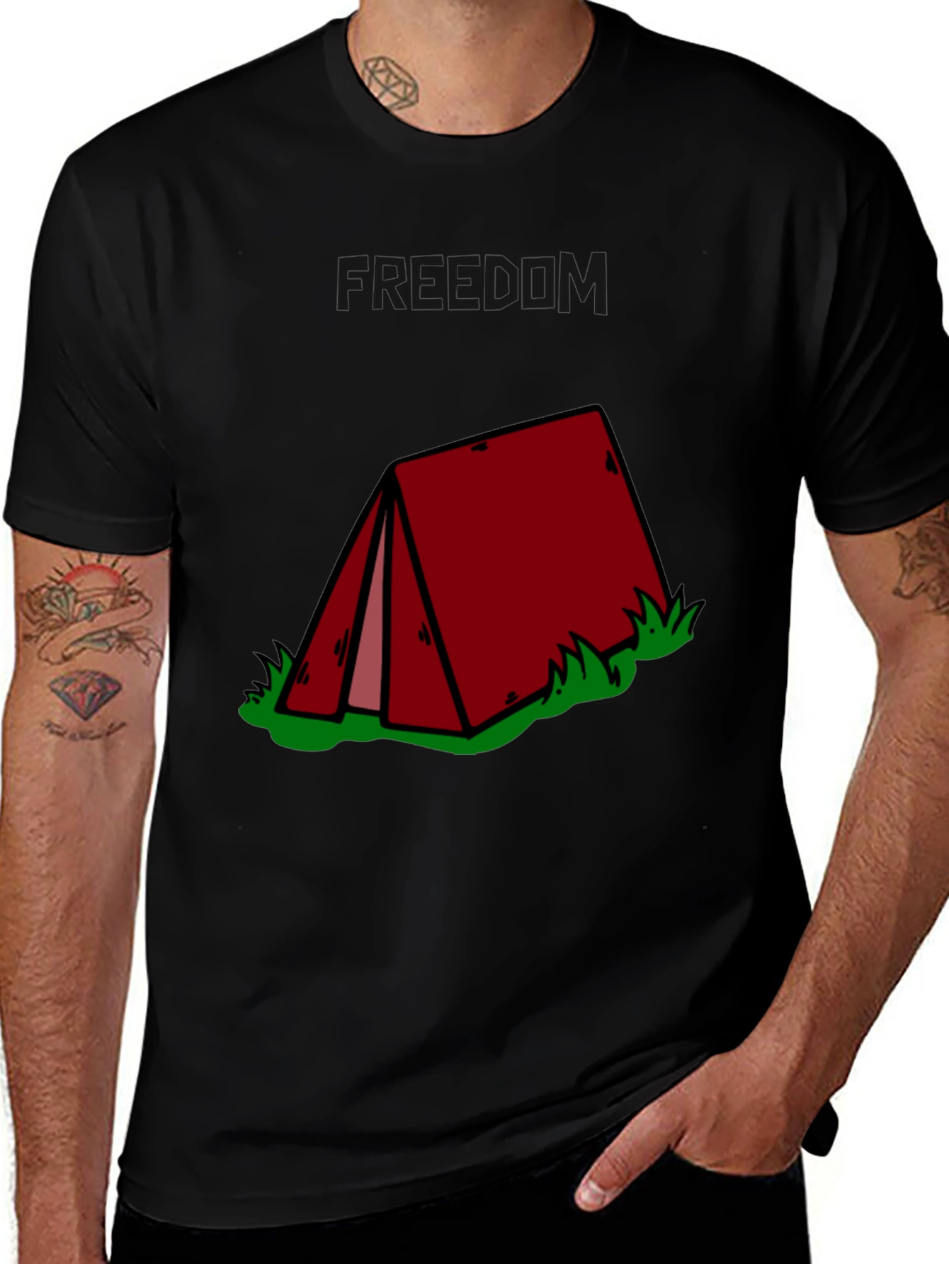Camping Tent Graphic Tee - Black Cotton T-Shirt