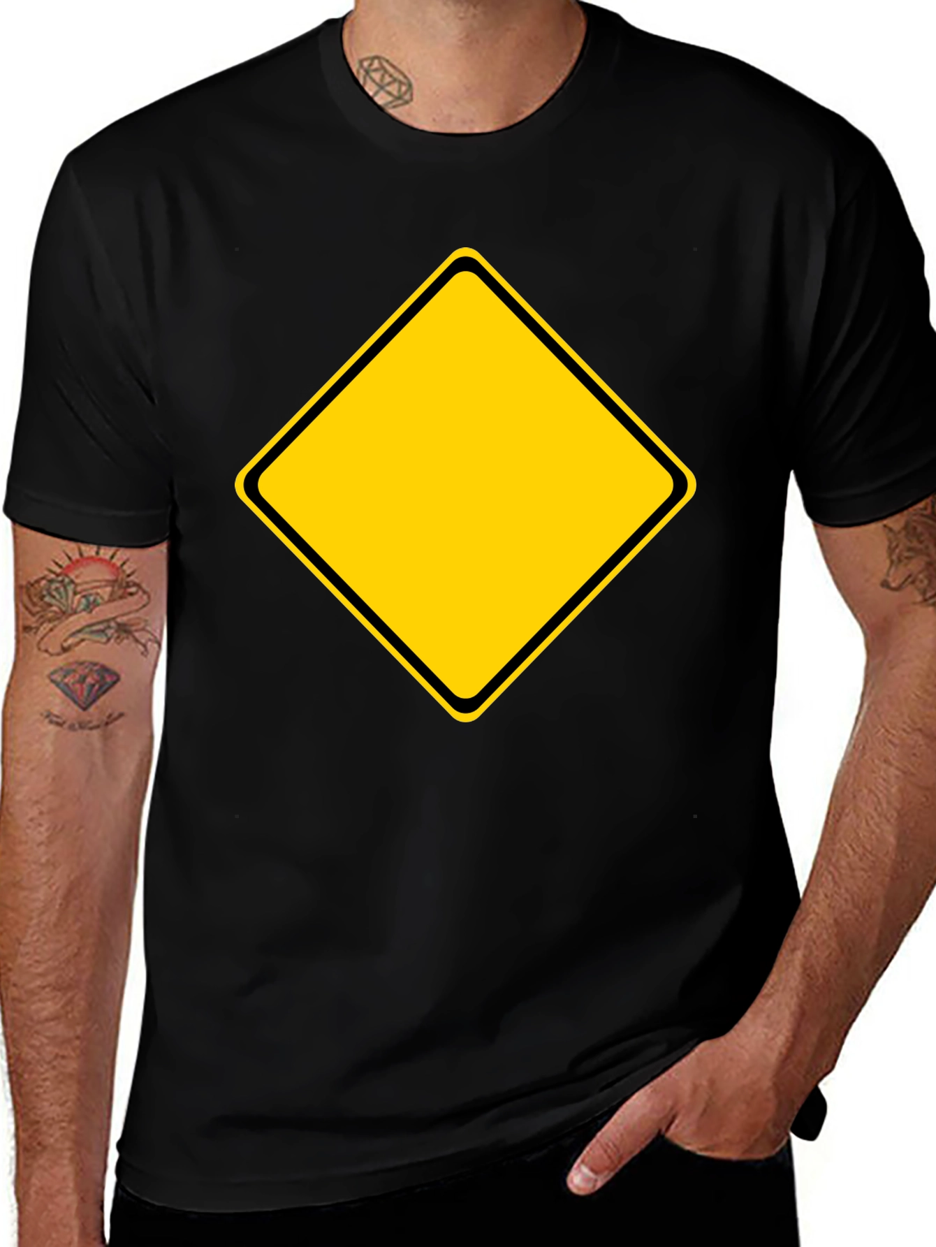 Variant 19 of Caution Sign Graphic Tee - Black Cotton T-Shirt