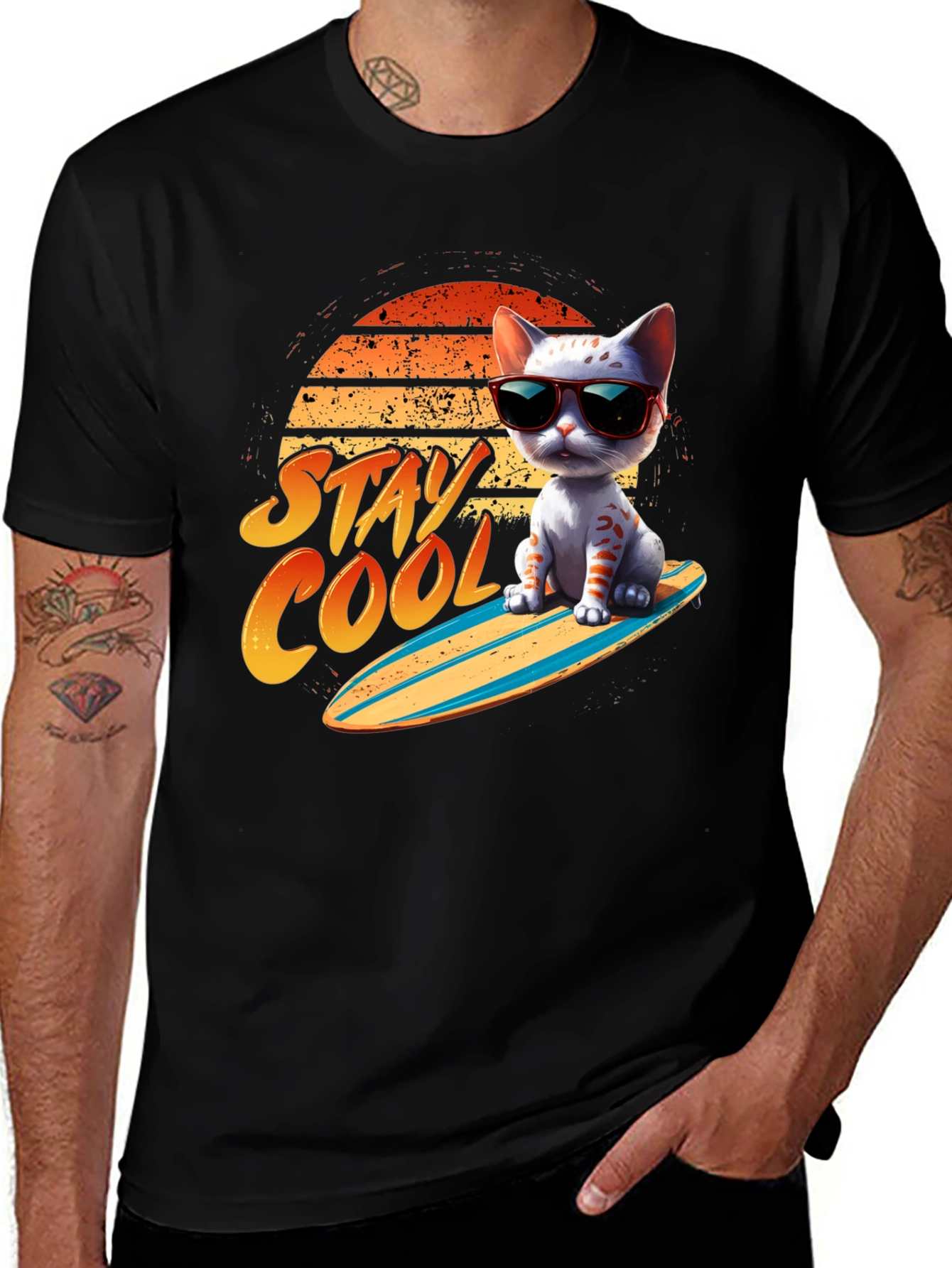 Black Cool Cat Surfboard T-Shirt main image