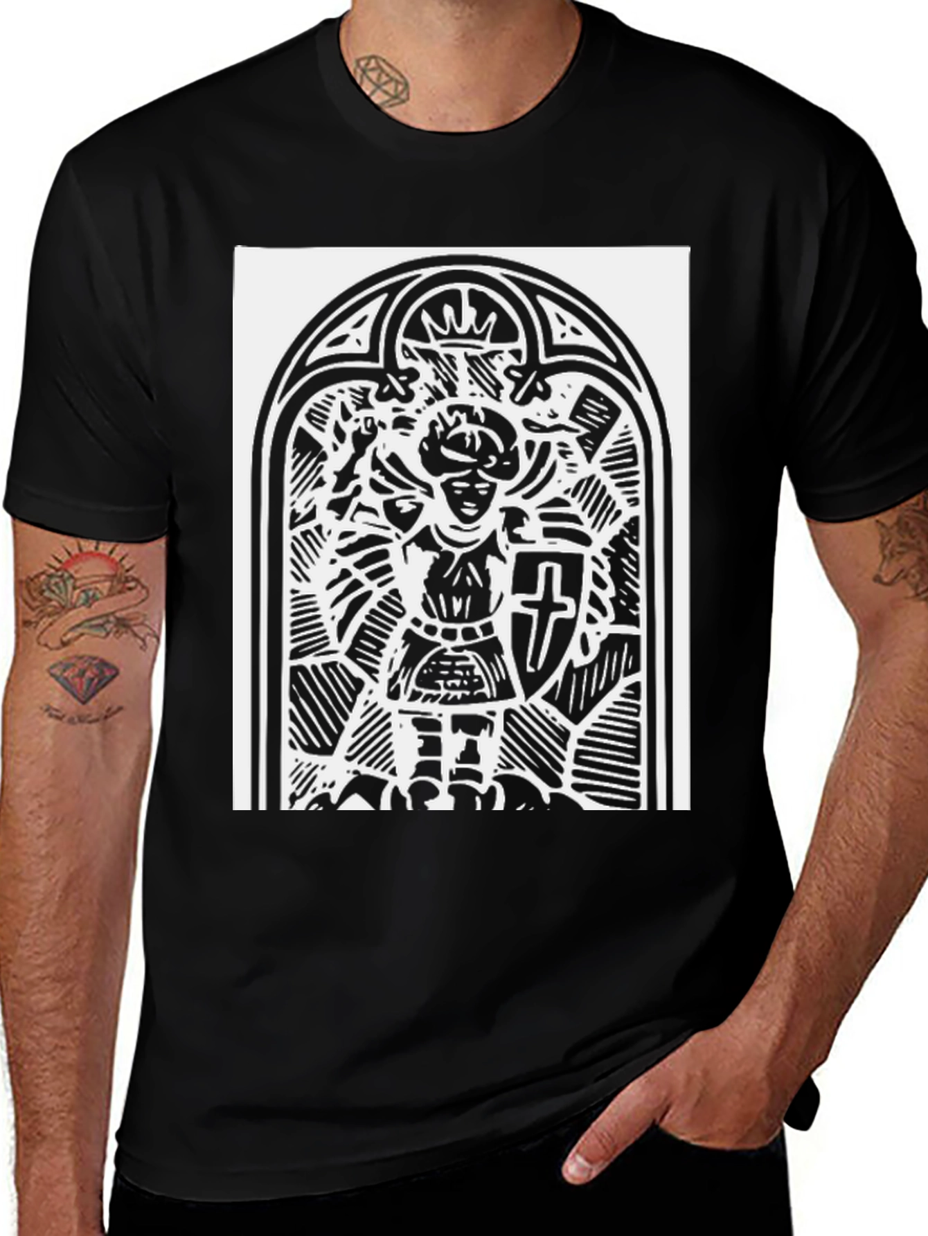 Variant 14 of Black Graphic Tee - Knight Stained Glass Design
