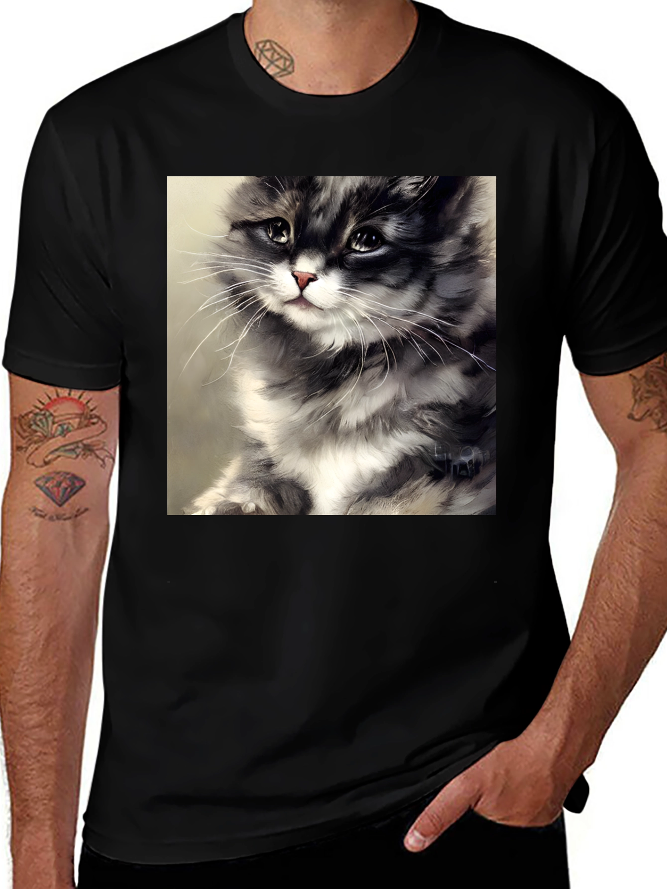 Variant 10 of Cute Kitten Graphic T-Shirt, Black Cotton Tee