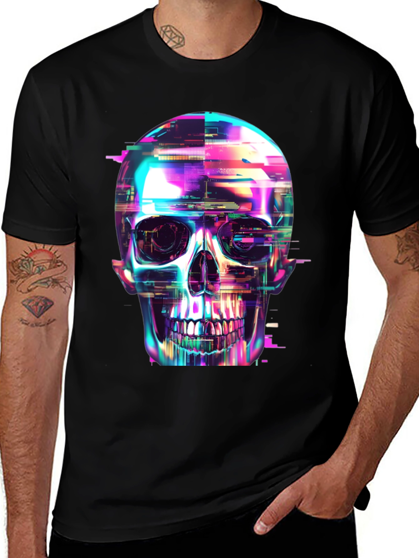 Variant 18 of Cyberpunk Skull Graphic Tee - Black Cotton T-Shirt