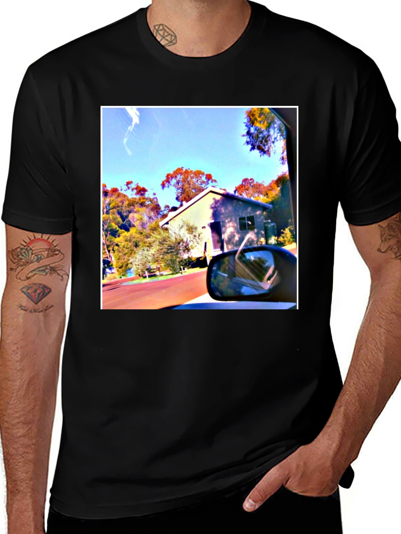 Black T-Shirt with Scenic House Print