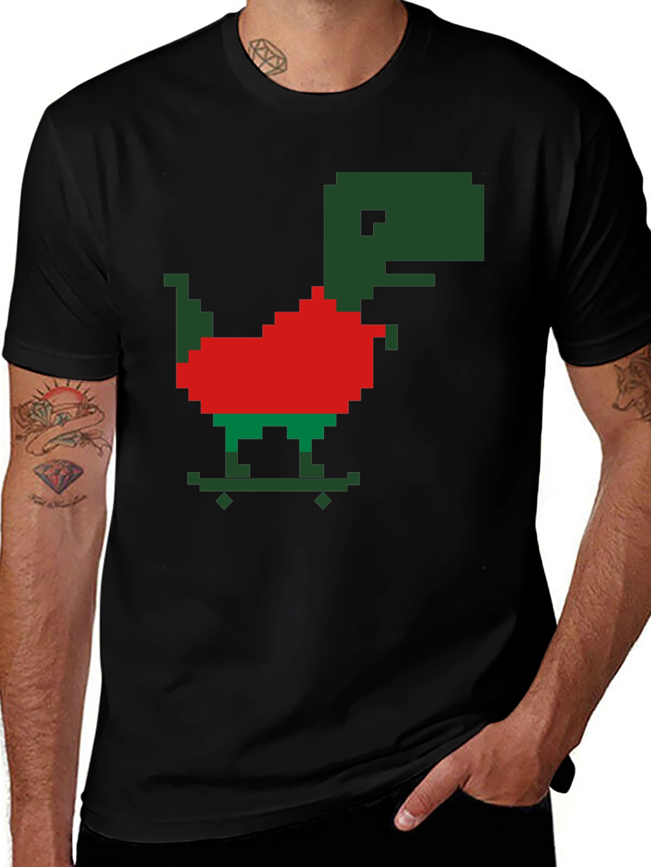 Variant 4 of Retro Pixel Dinosaur Skateboarder Black T-Shirt