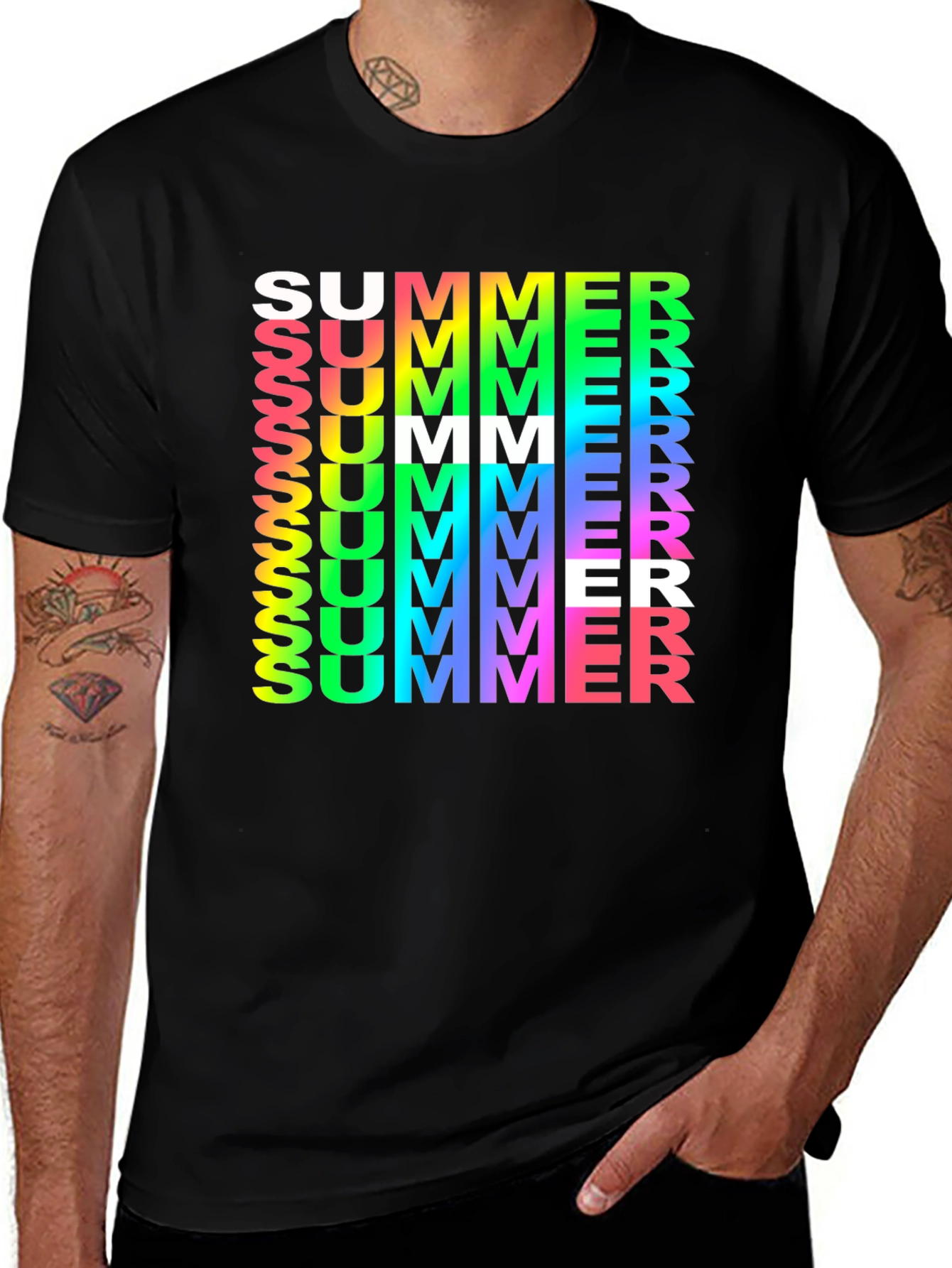 Variant 27 of Summer Vibes Graphic Tee - Rainbow Text Black Shirt