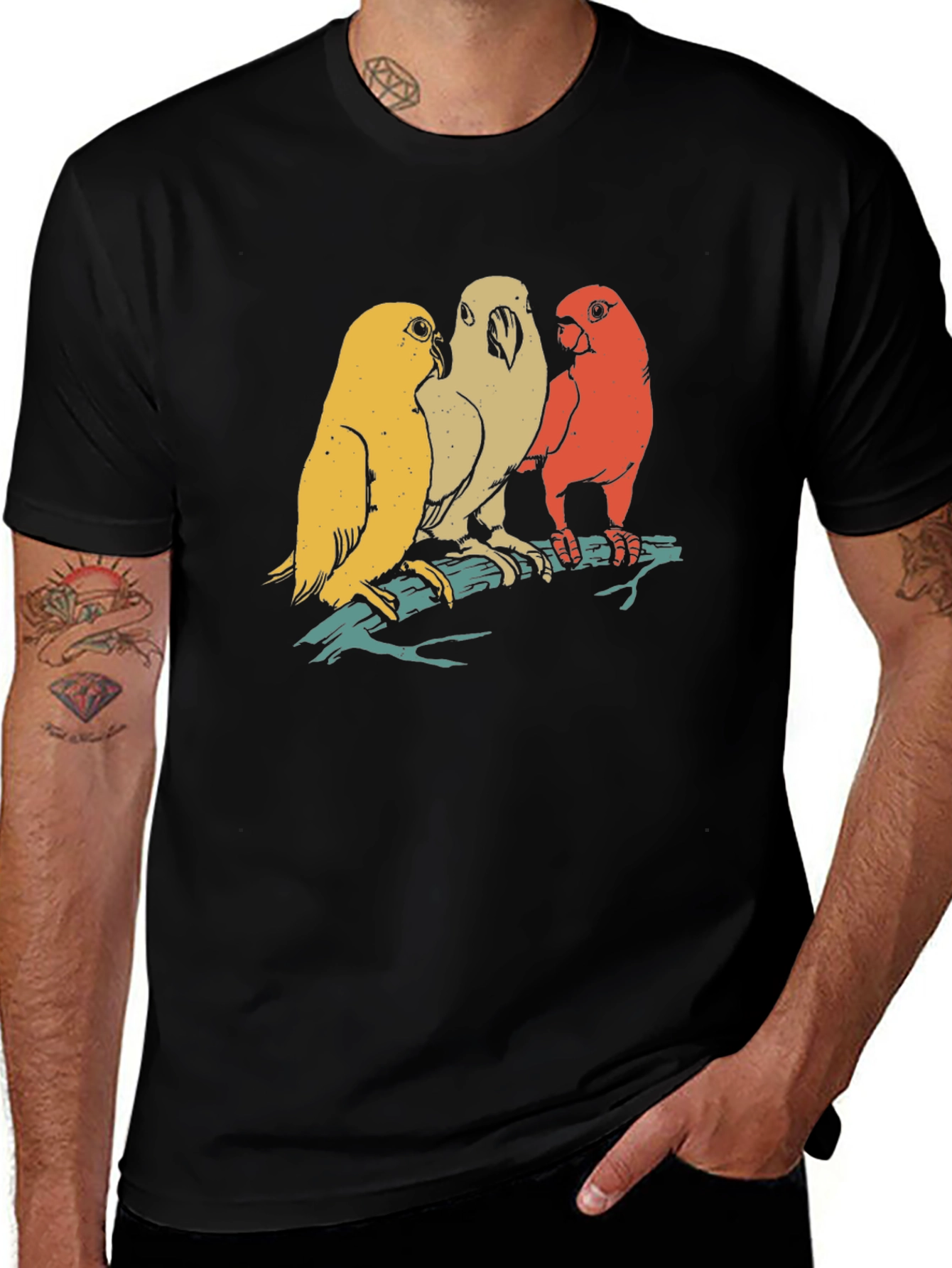 Retro Bird Trio Graphic Tee - Casual Black T-Shirt