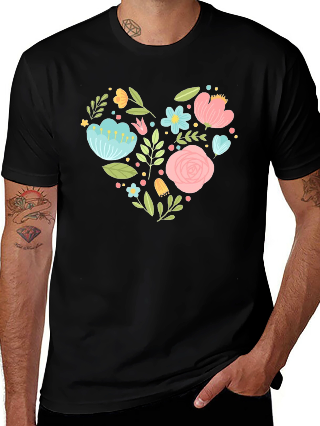 Variant 19 of Floral Heart Graphic Tee - Black Cotton T-Shirt