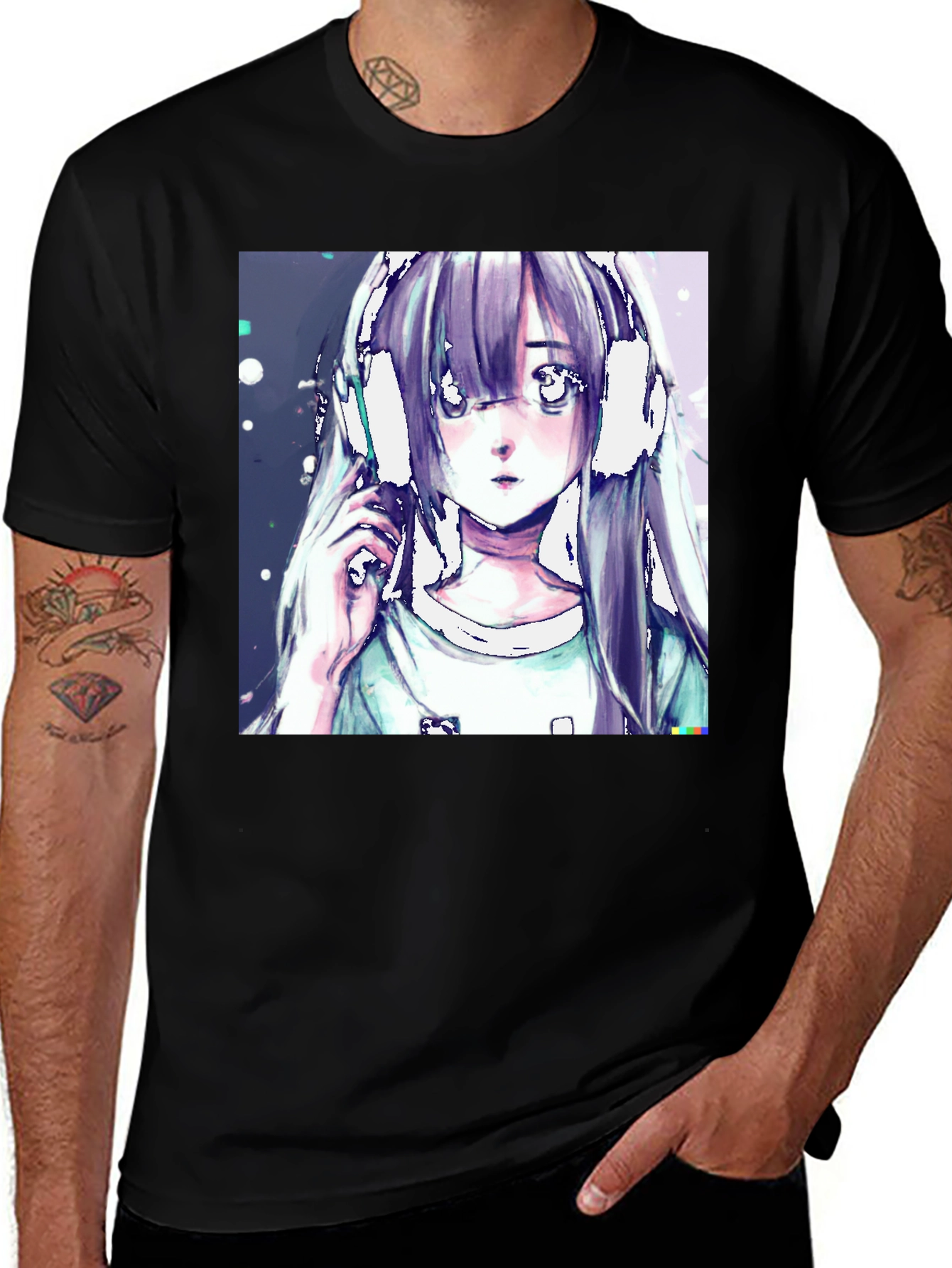 Variant 4 of Anime Girl Headphones Graphic Black T-Shirt