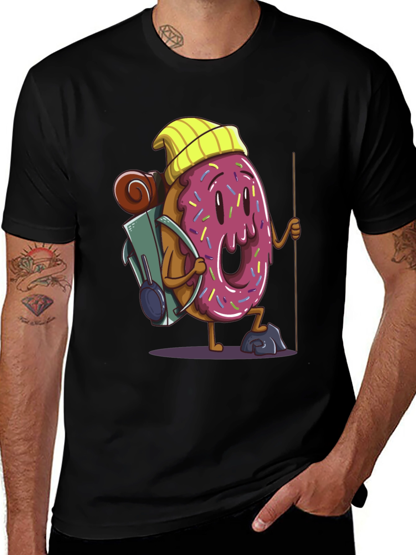 Variant 7 of Donut Hiker Graphic Tee - Black Cotton T-Shirt