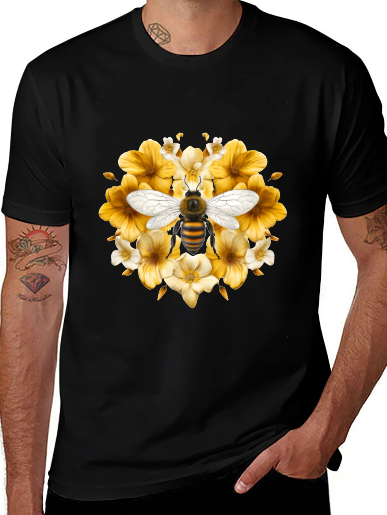 Black Bee & Floral Black T-Shirt main image