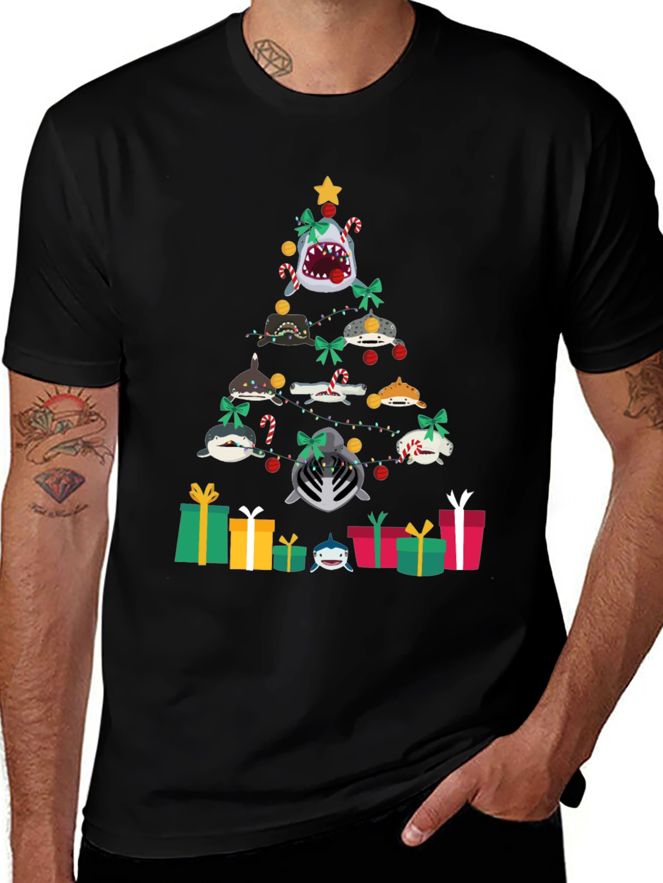 Black Shark Christmas Tree Black T-Shirt main image