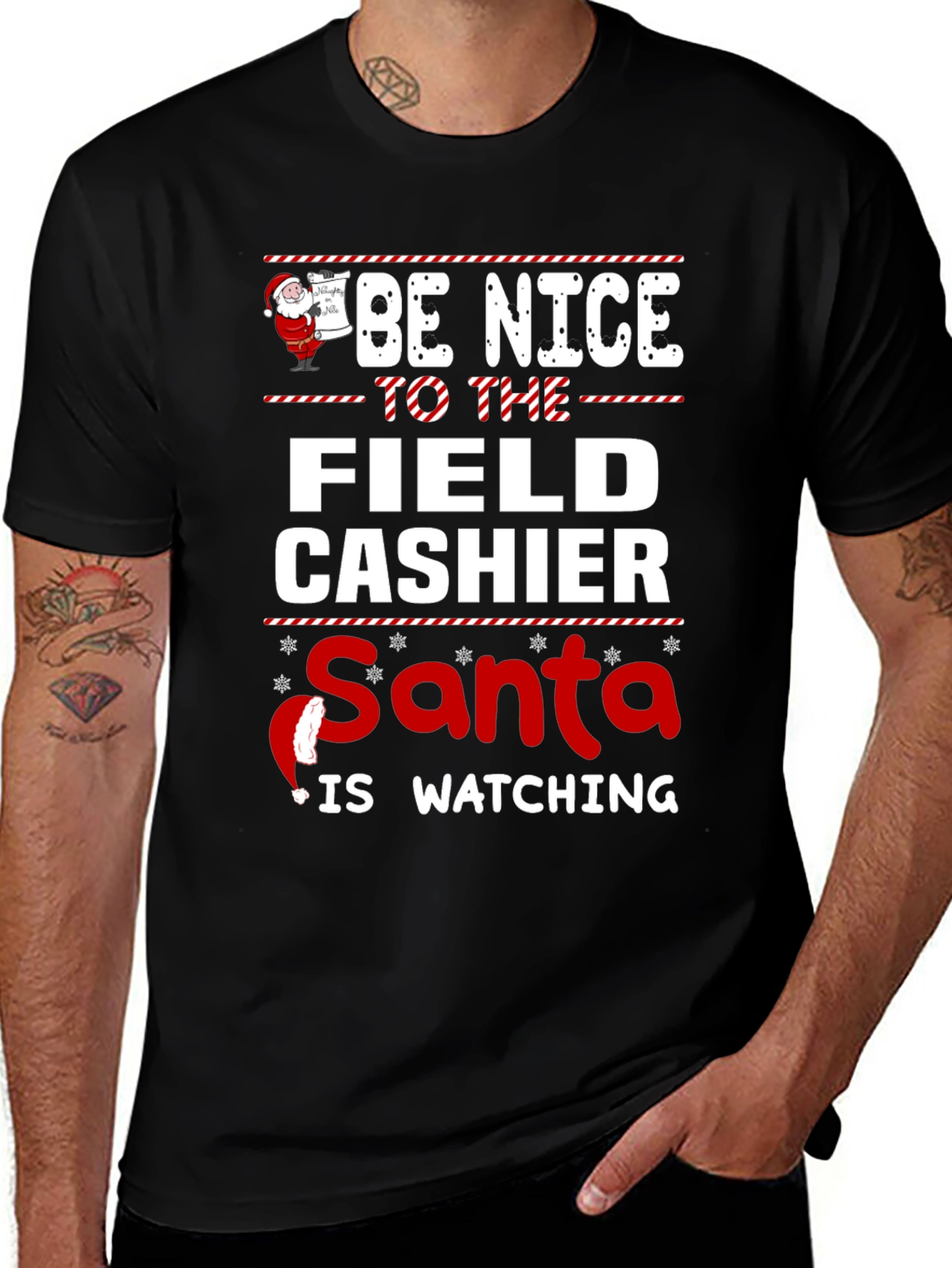 Be Nice to Field Cashier Santa Watching T-Shirt