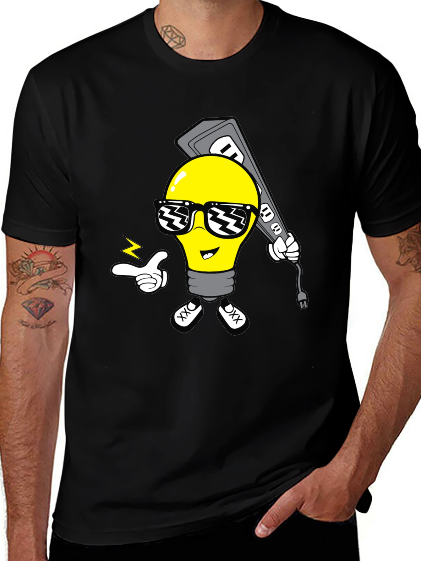 Cool Cartoon Light Bulb Black T-Shirt