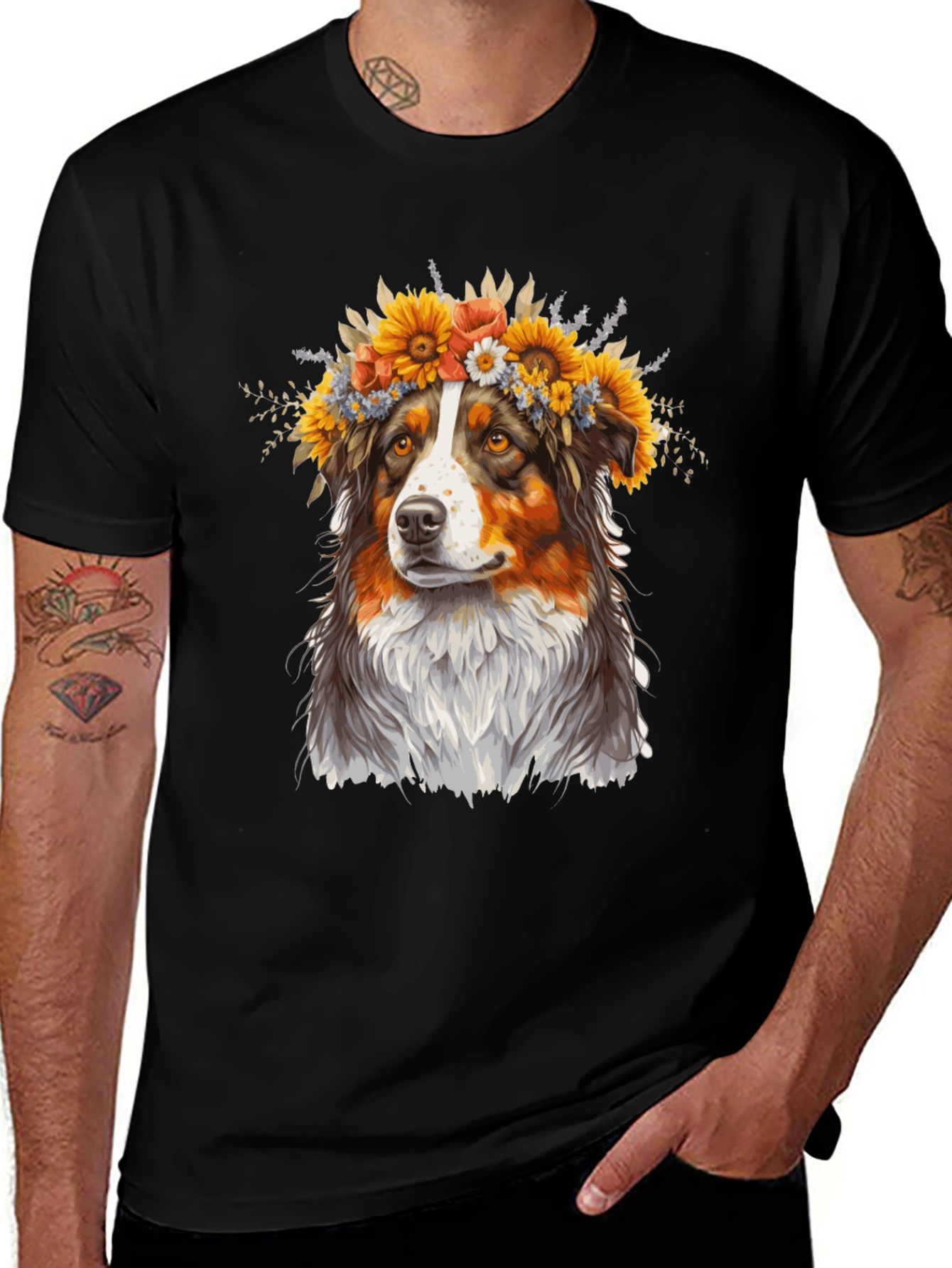 Variant 18 of Dog with Floral Crown Black T-Shirt