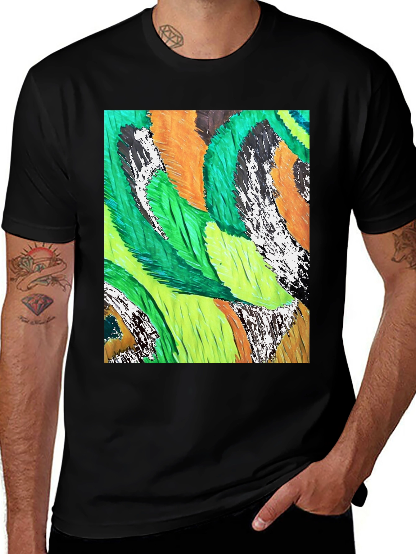 Abstract Feather Print Black T-Shirt