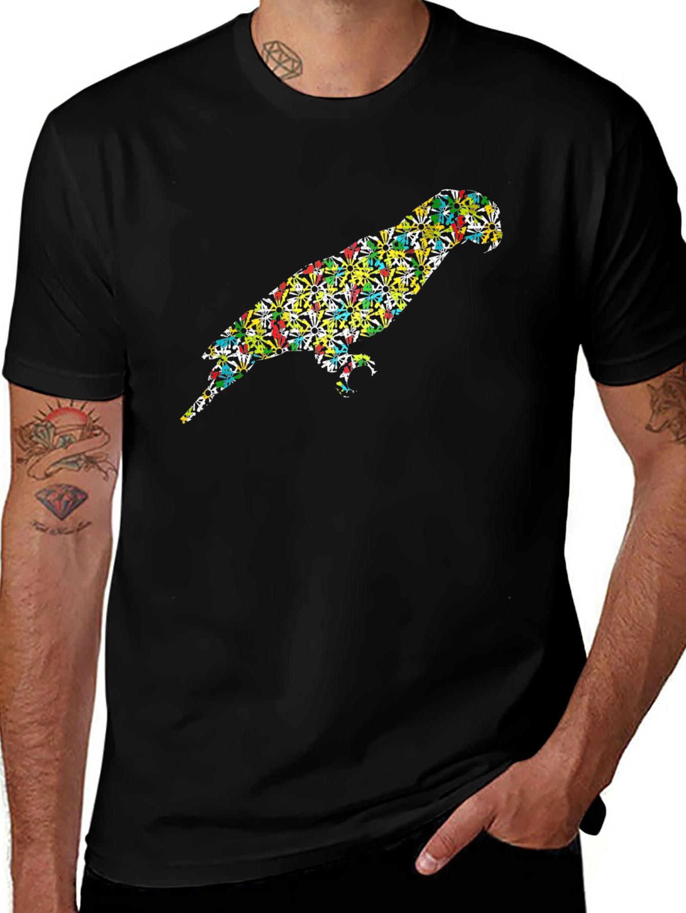 Variant 23 of Parrot Print Black T-Shirt - Unique Bird Design