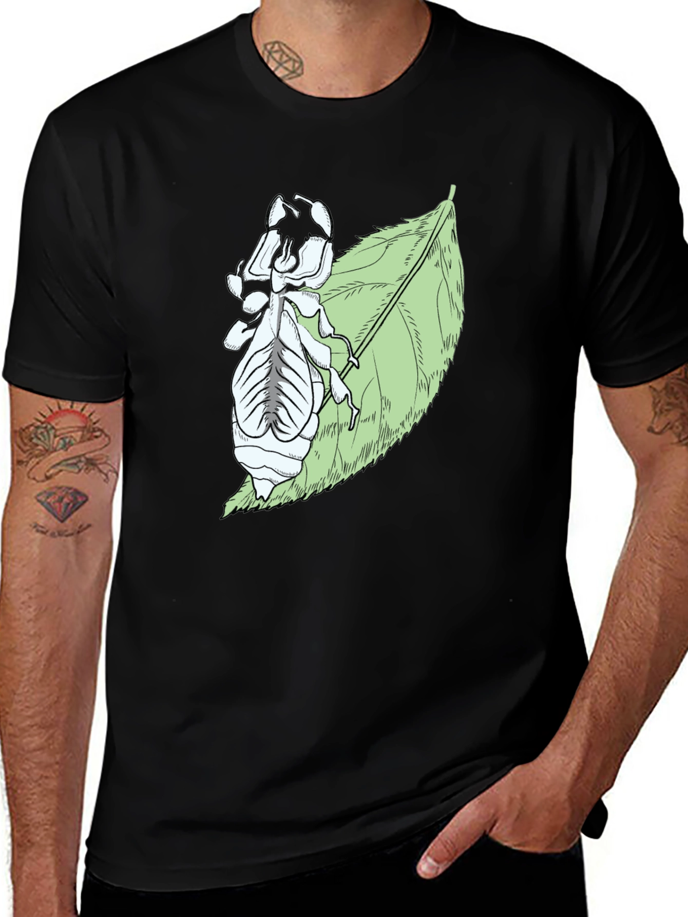 Variant 20 of Insect on Leaf Graphic Tee - Black Cotton T-Shirt
