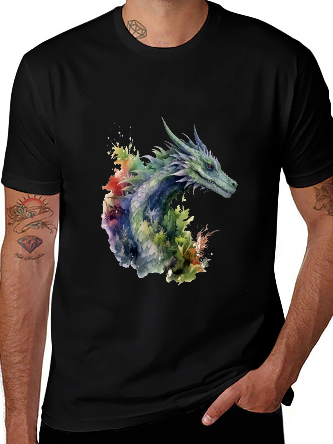 Variant 17 of Dragon Watercolor Graphic Tee - Men's Black T-Shirt