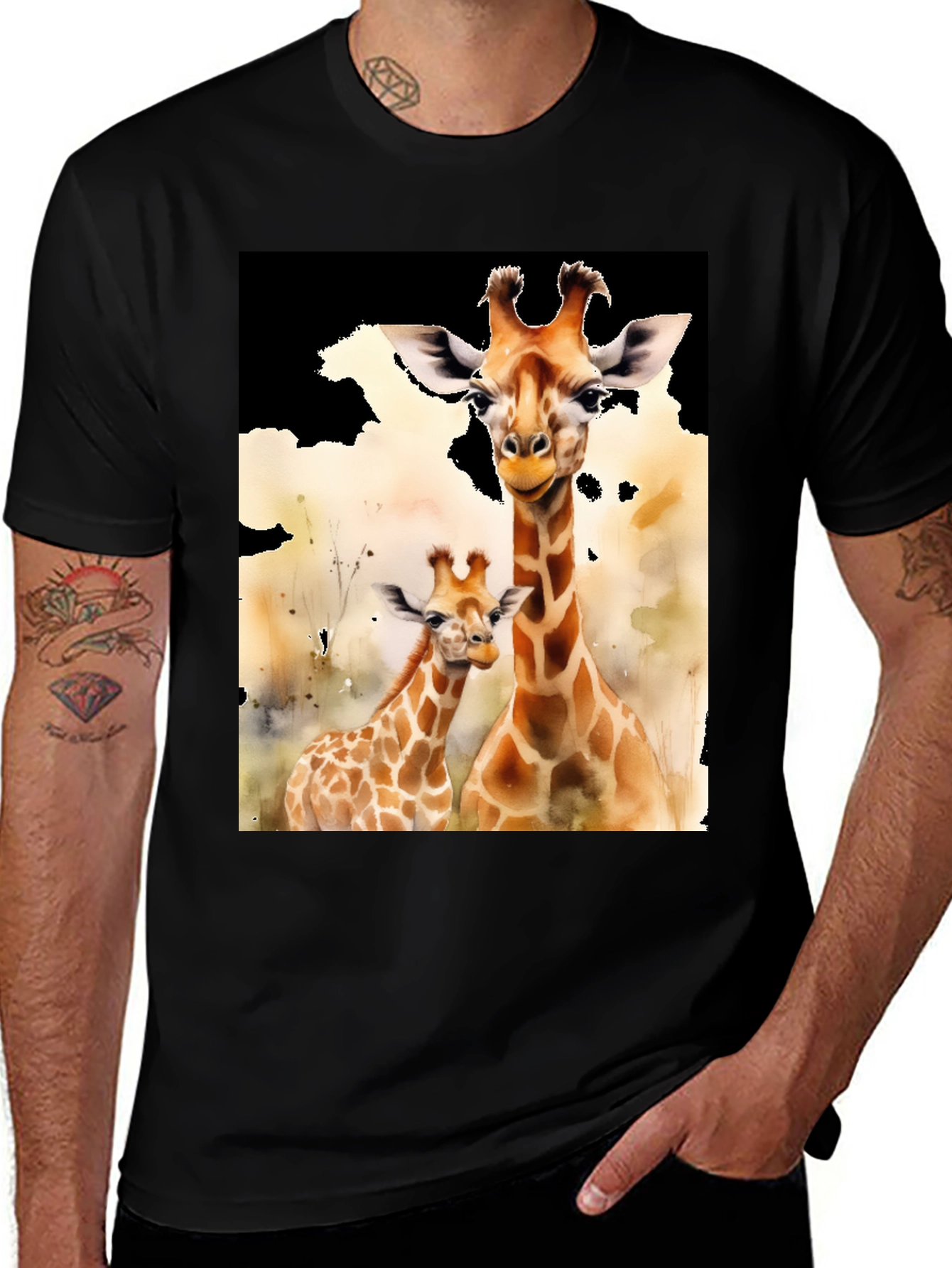 Variant 3 of Giraffe Family Watercolor Graphic Tee - Black Cotton Casual Shirt