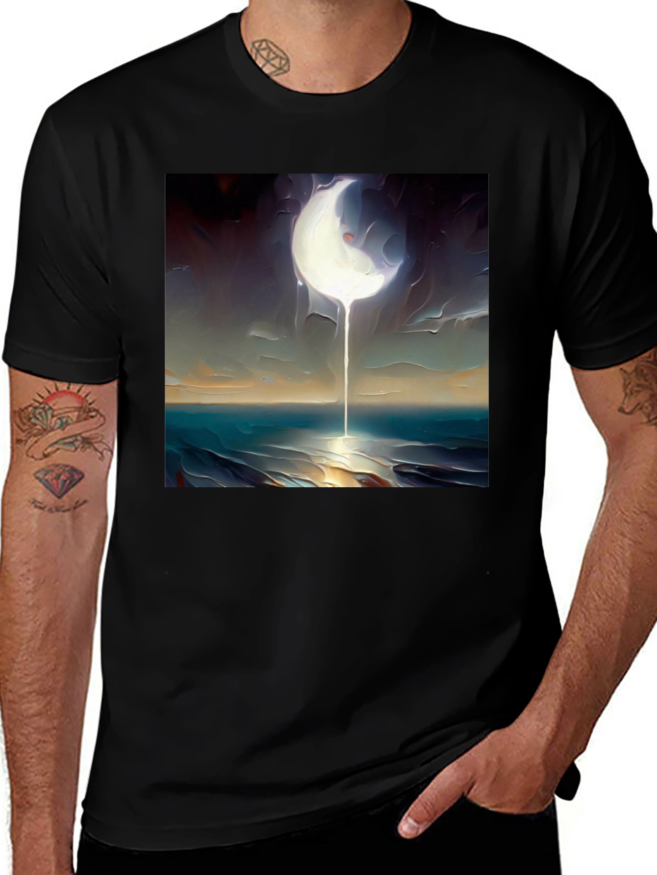 Abstract Moonscape Graphic Tee - Black Cotton Casual