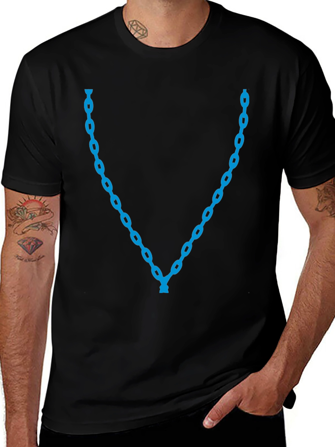 Cool Blue Chain Design Black T-Shirt