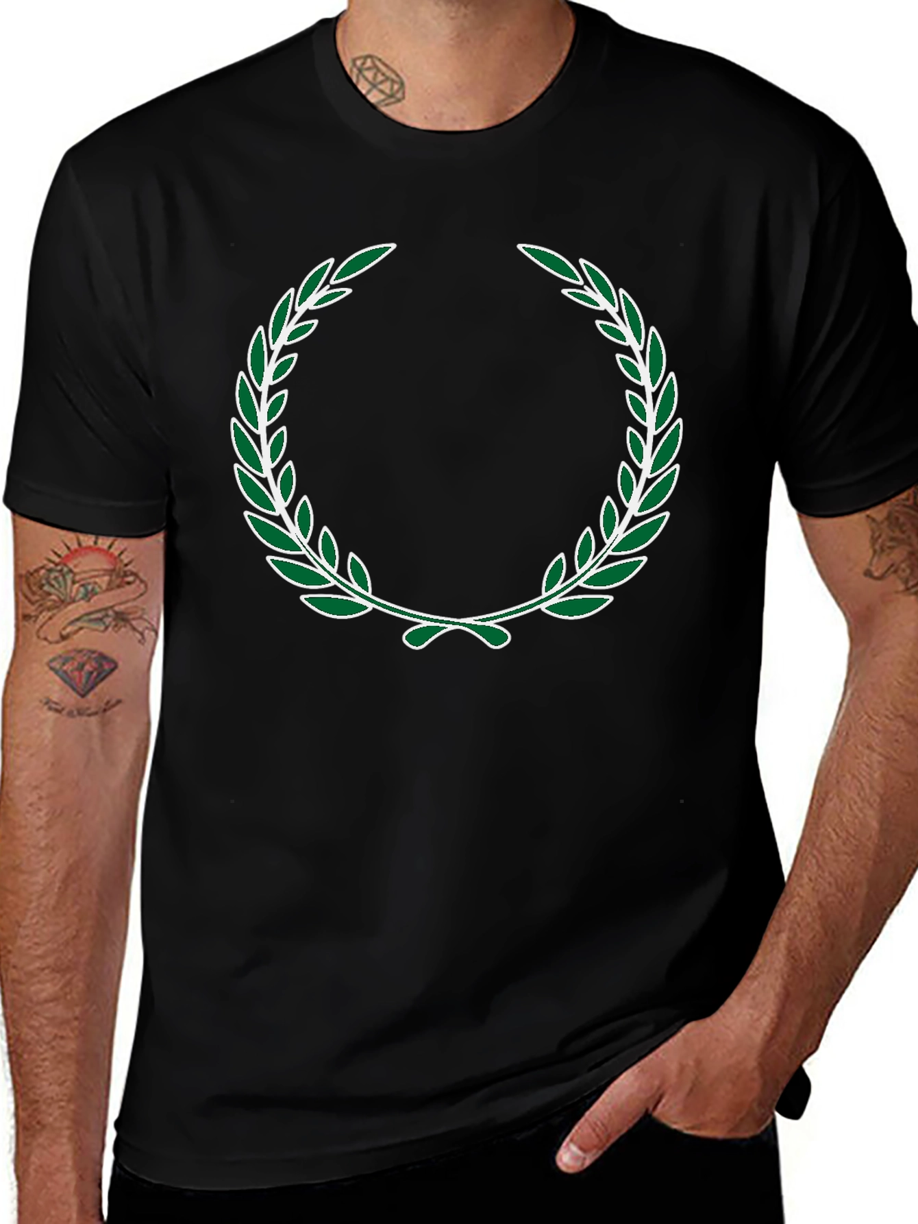 Variant 25 of Green Laurel Wreath Design Black T-Shirt