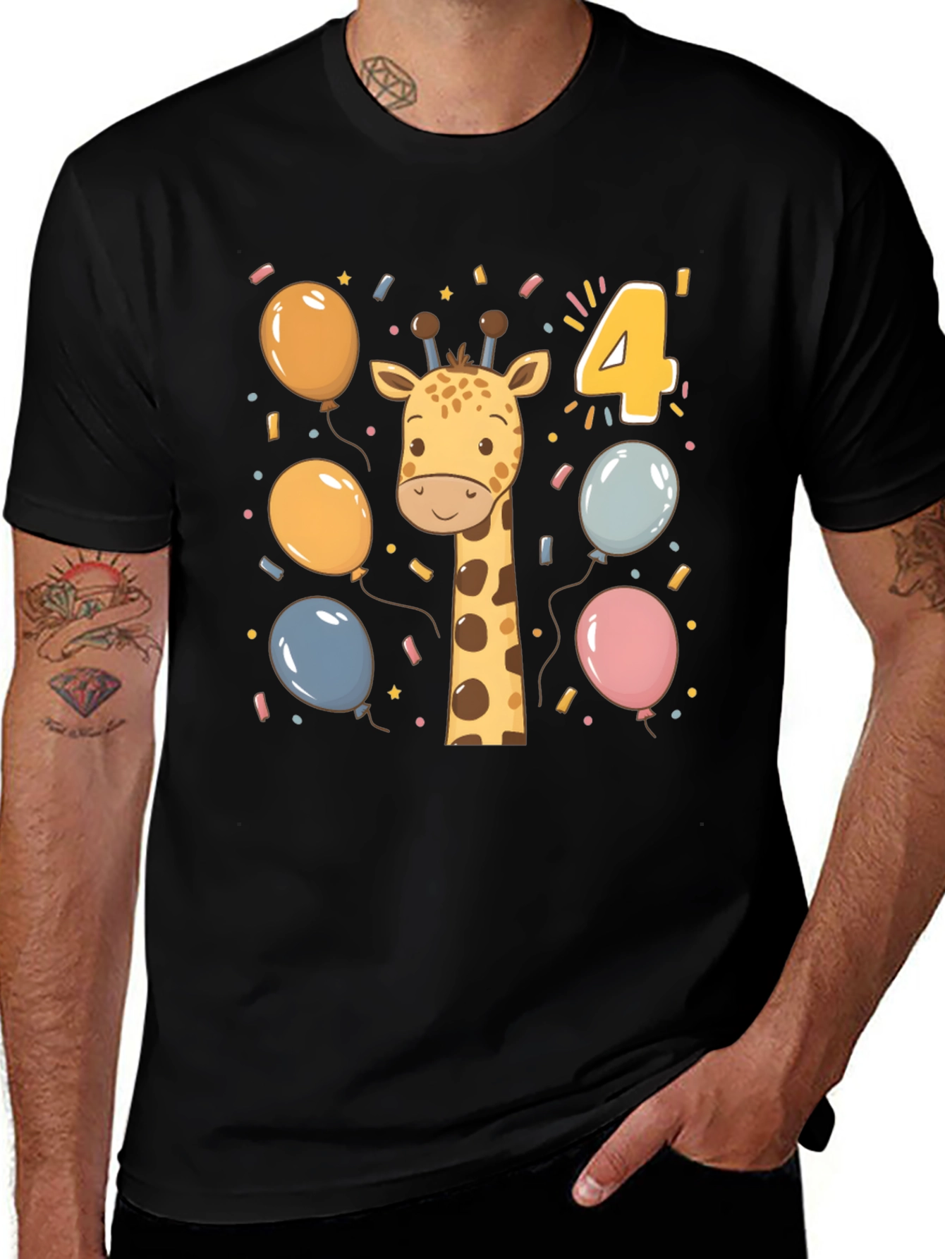 Variant 16 of Cute Giraffe 4th Birthday Black T-Shirt